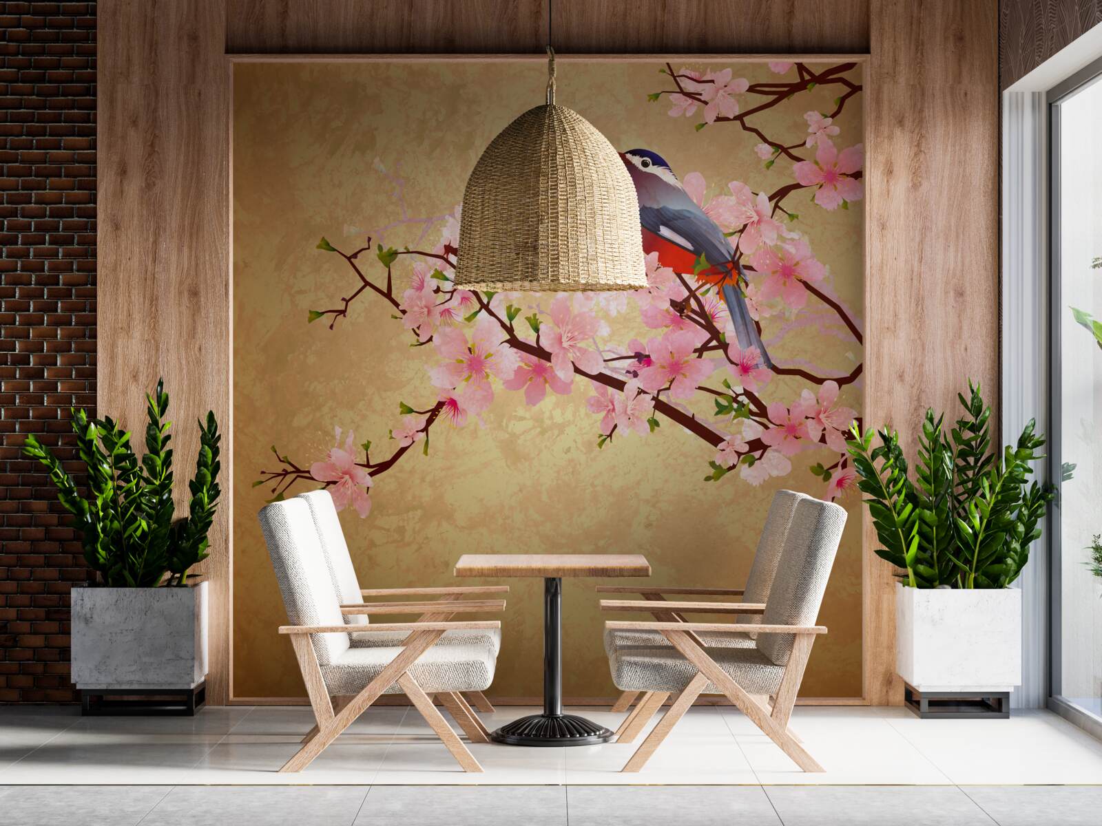 Фотошпалери соловейко на гілках вишневого цвіту