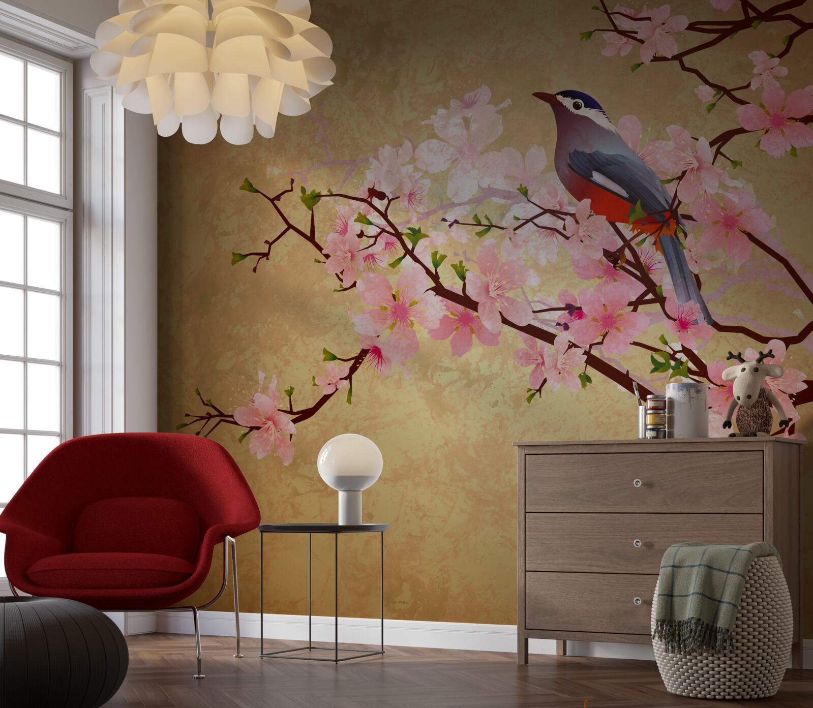 Фотошпалери соловейко на гілках вишневого цвіту