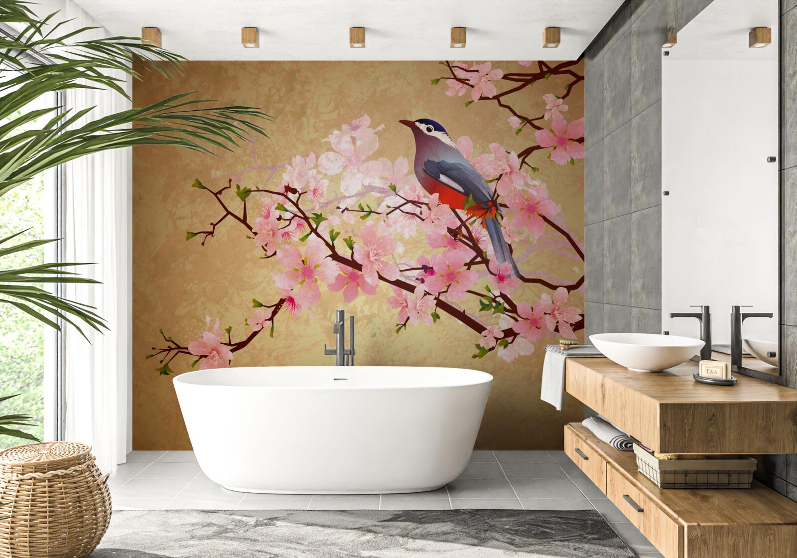 Фотошпалери соловейко на гілках вишневого цвіту