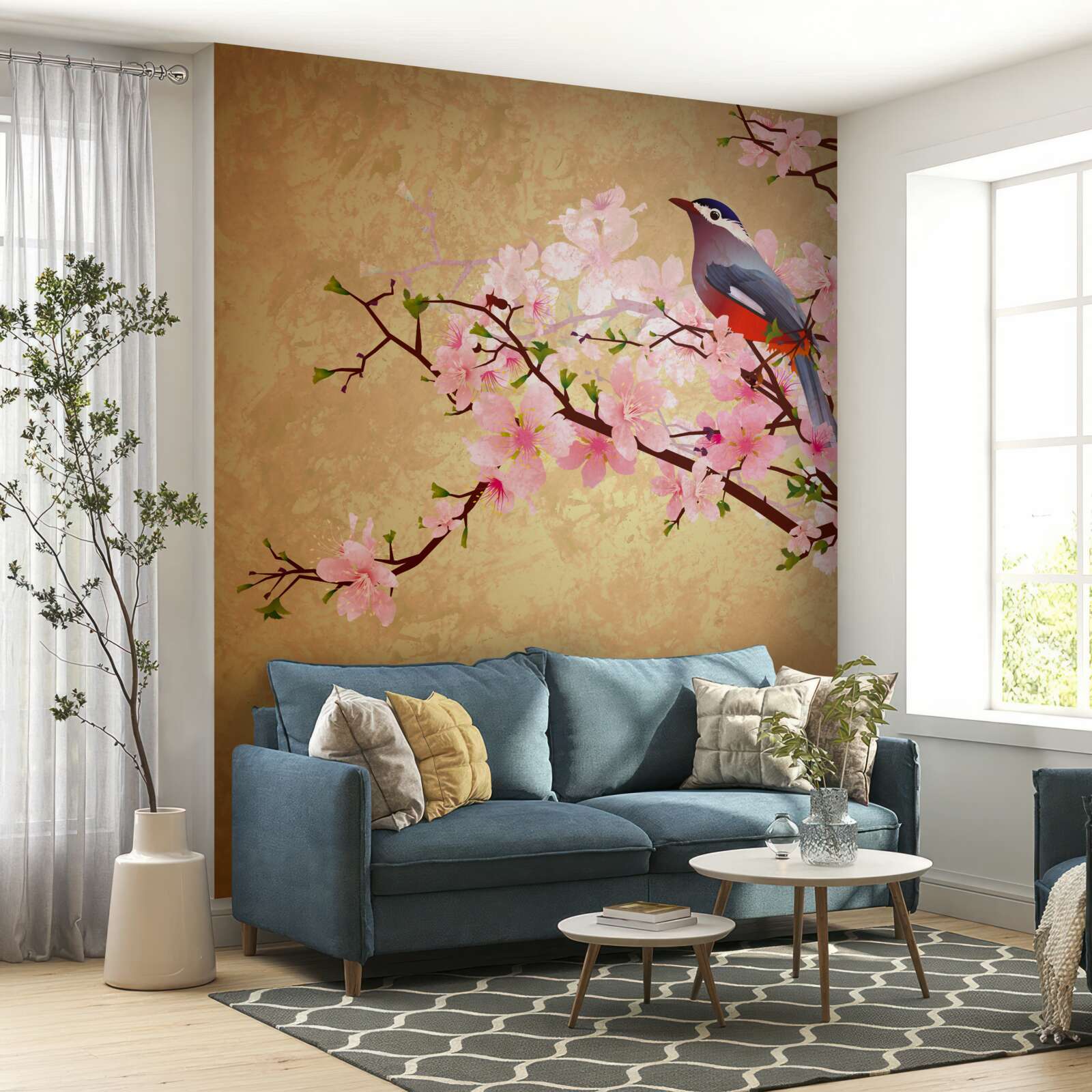 Фотошпалери соловейко на гілках вишневого цвіту