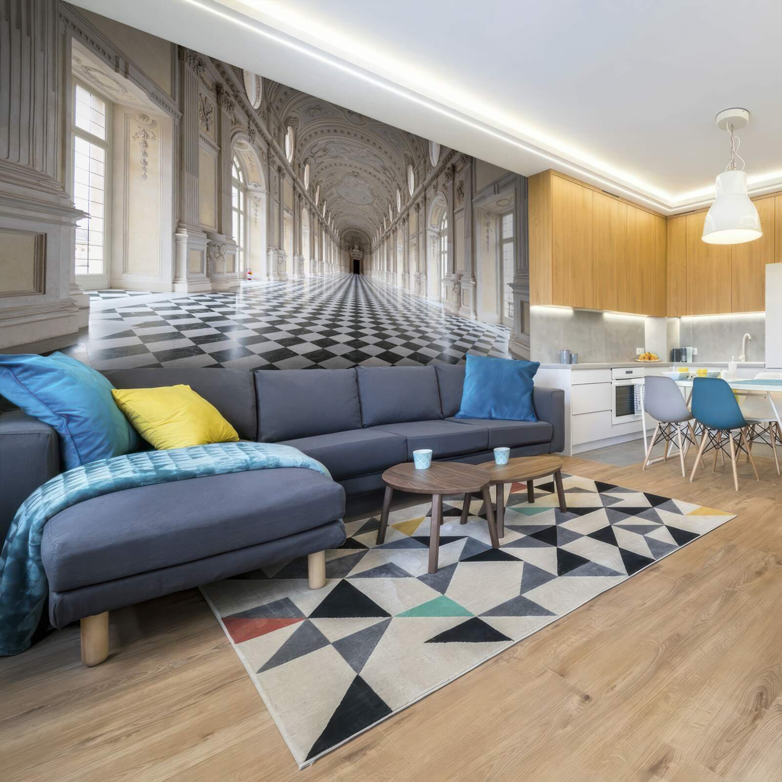 Фотошпалери плитка в стилі мозаїки в приміщенні, облицьованому каменем