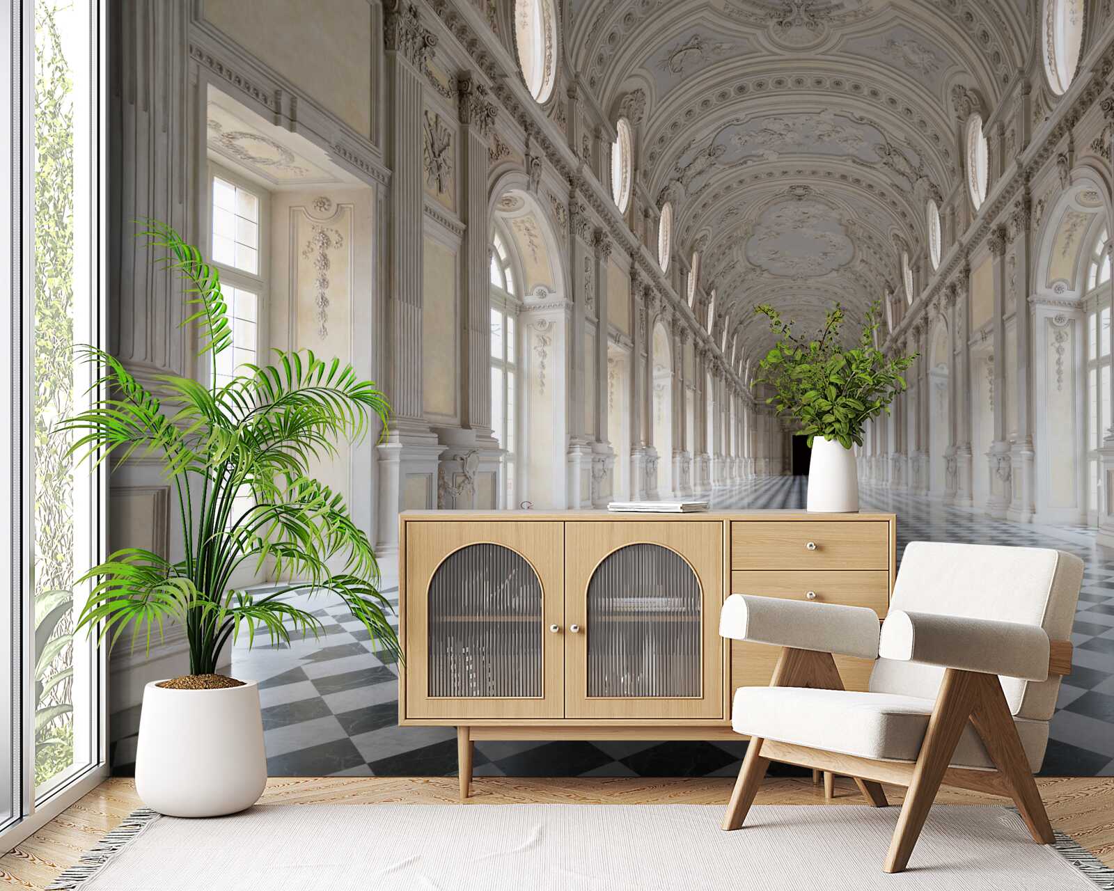 Фотошпалери плитка в стилі мозаїки в приміщенні, облицьованому каменем