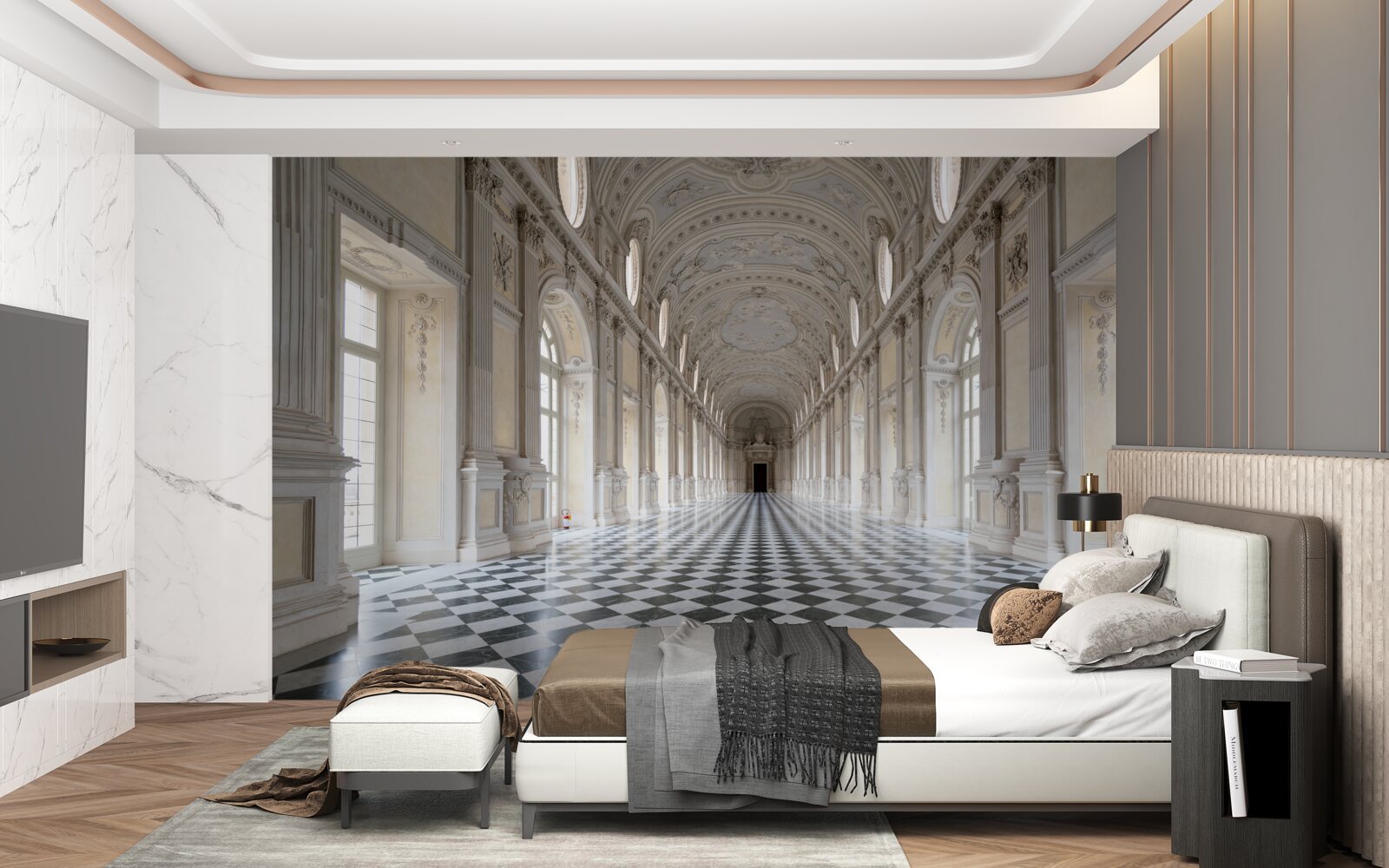 Фотошпалери плитка в стилі мозаїки в приміщенні, облицьованому каменем