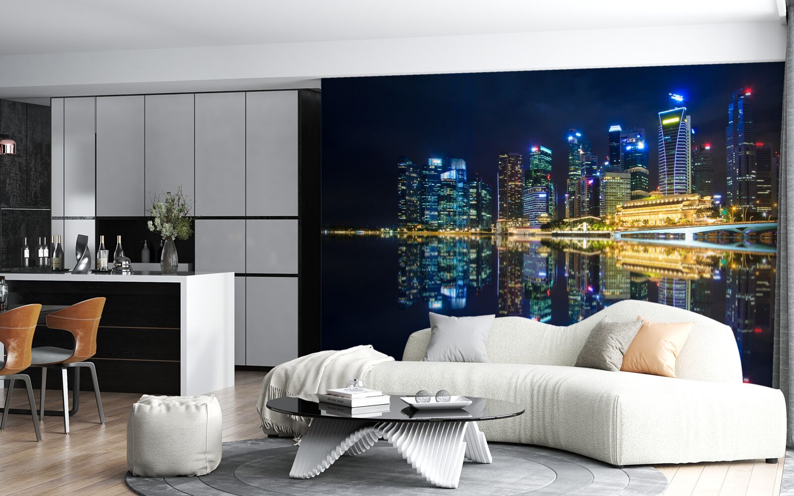 Фотошпалери нічне місто, відбите у воді та освітлене вогнями