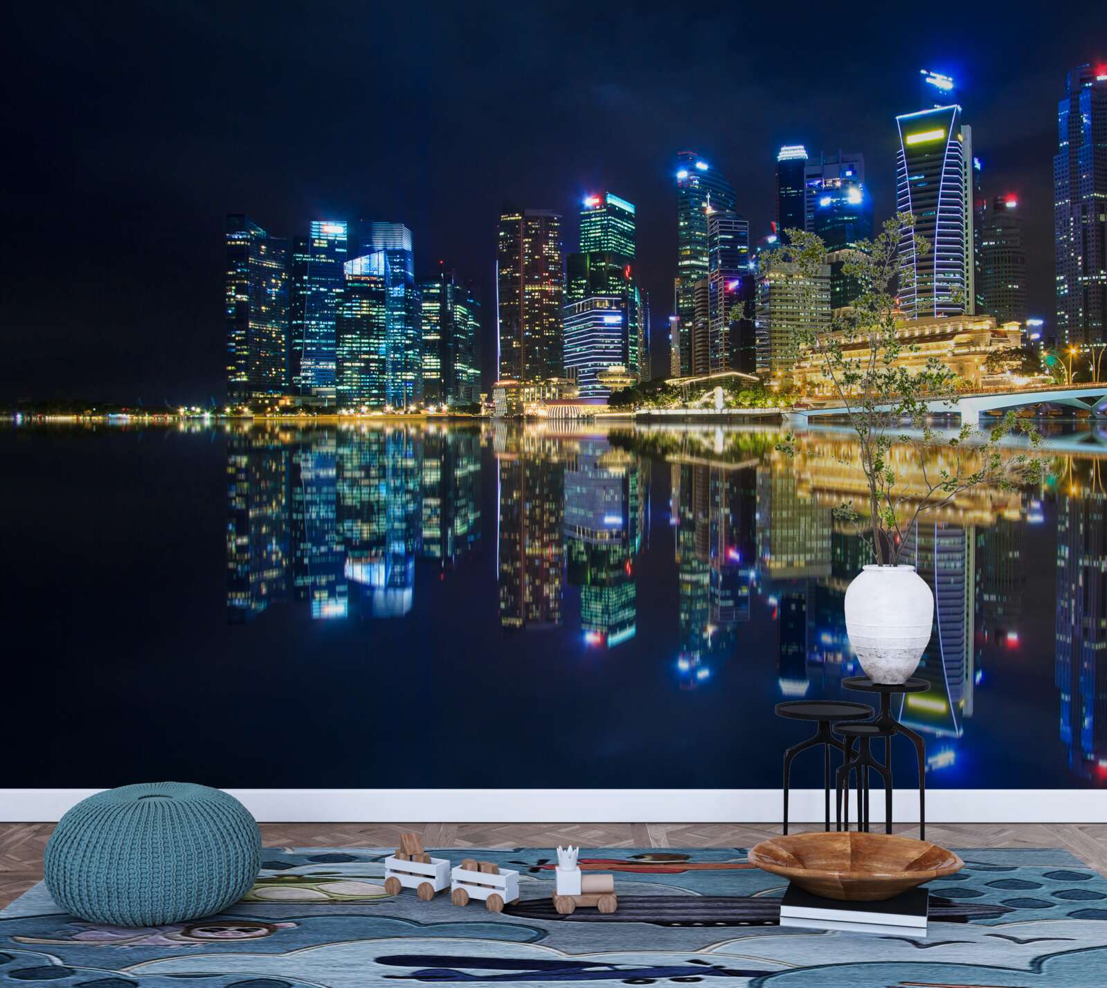 Фотошпалери нічне місто, відбите у воді та освітлене вогнями