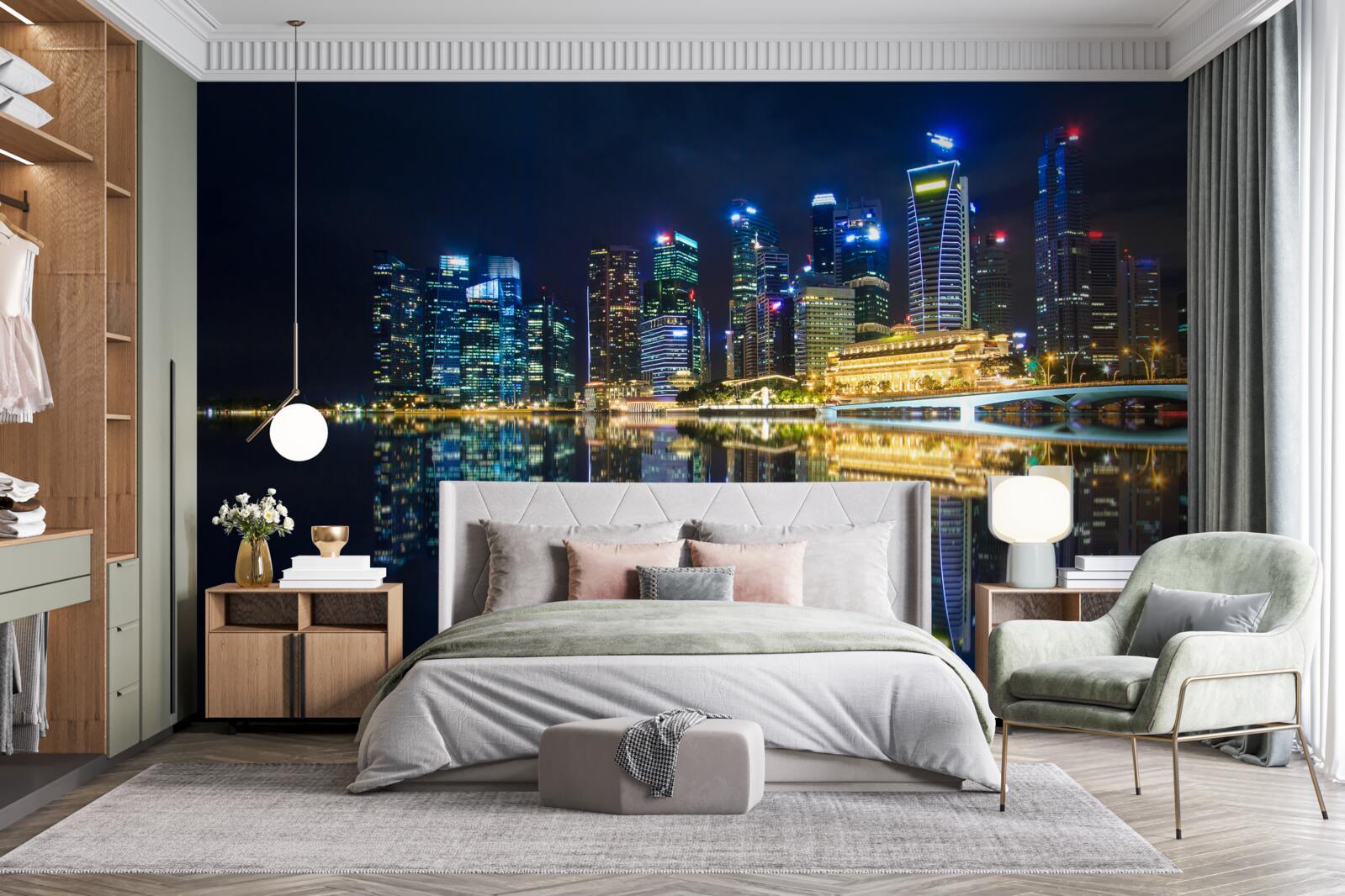 Фотошпалери нічне місто, відбите у воді та освітлене вогнями