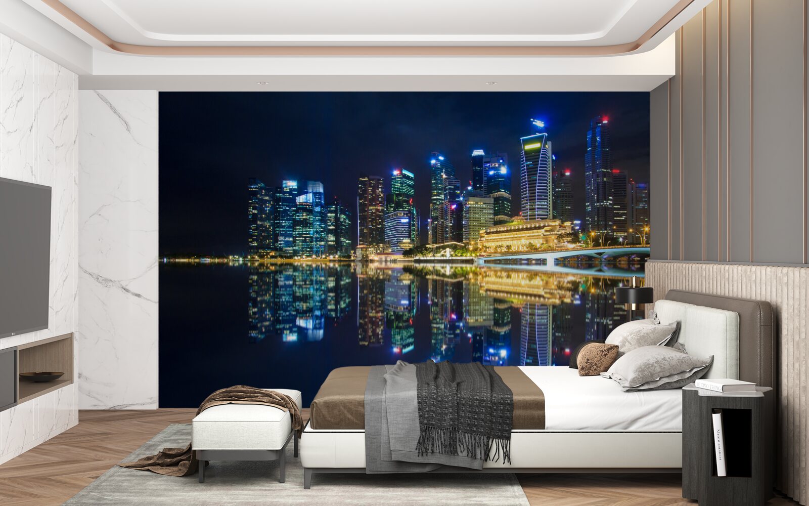 Фотошпалери нічне місто, відбите у воді та освітлене вогнями