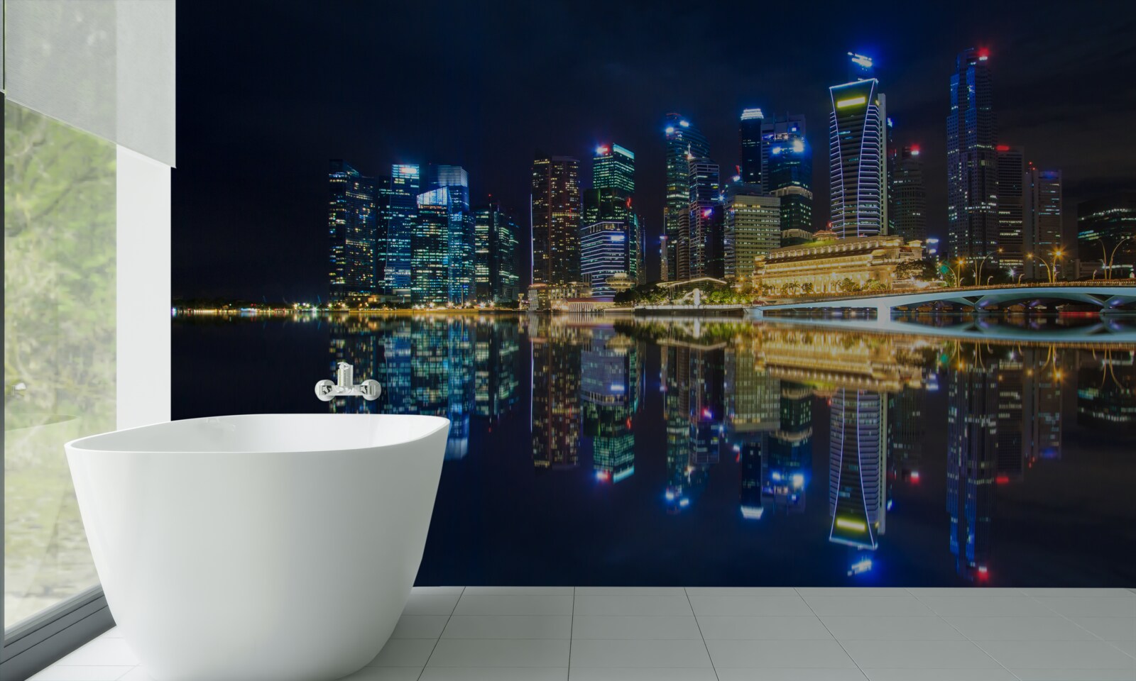 Фотошпалери нічне місто, відбите у воді та освітлене вогнями