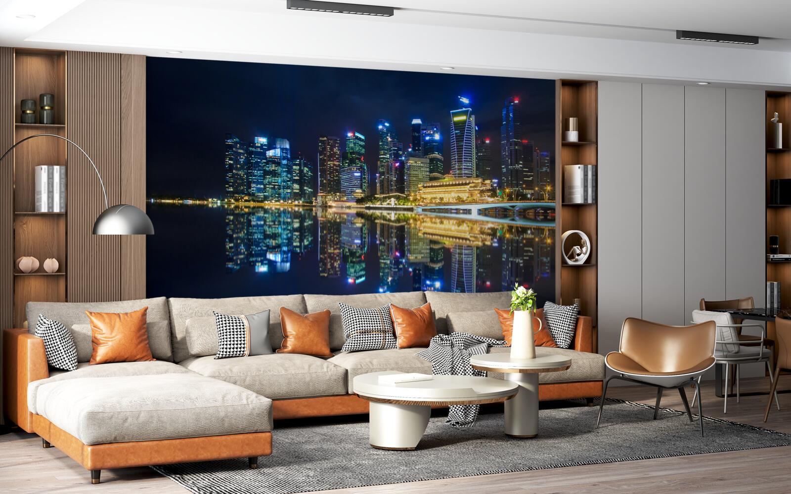 Фотошпалери нічне місто, відбите у воді та освітлене вогнями