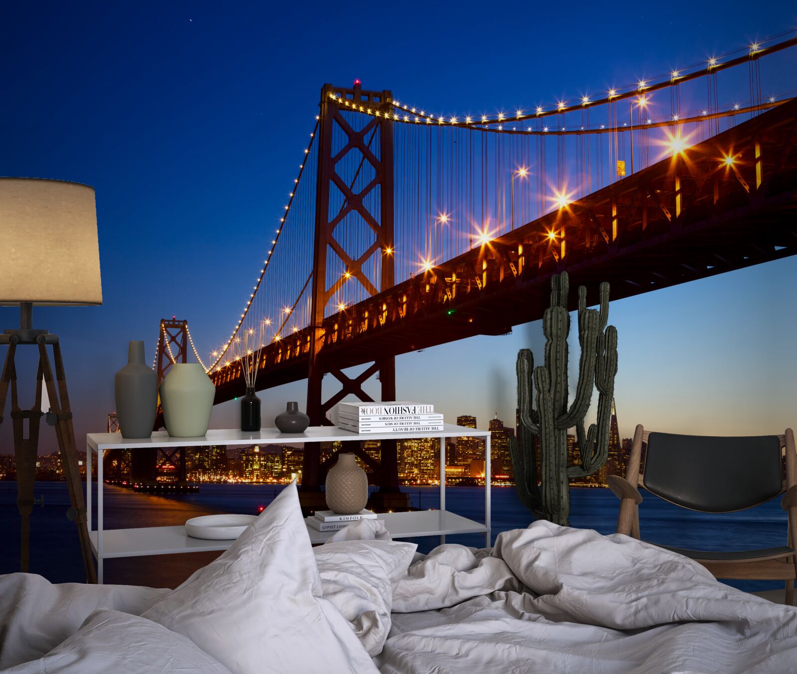 Фотошпалери освітлений міст на тлі міського пейзажу