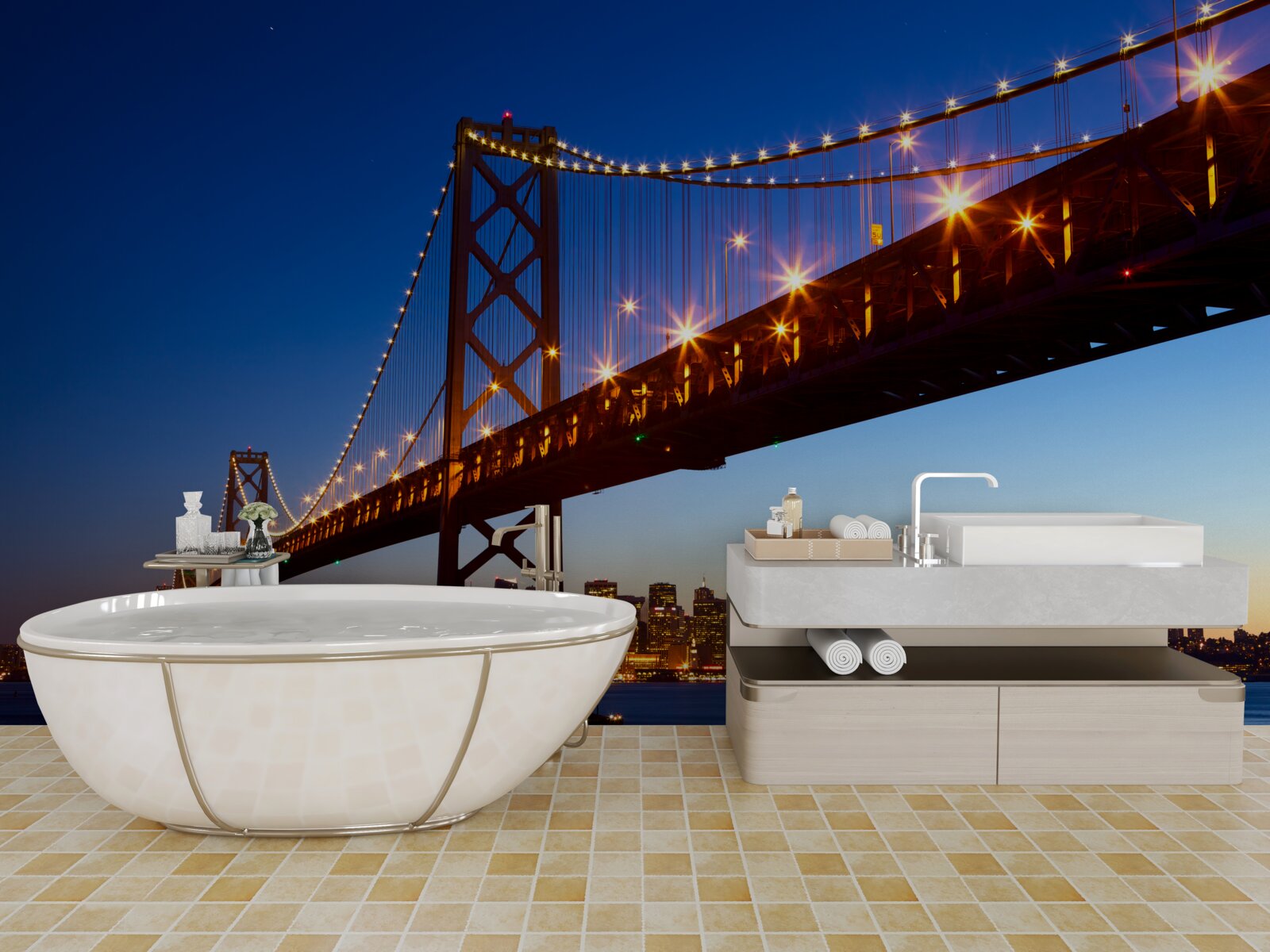 Фотошпалери освітлений міст на тлі міського пейзажу