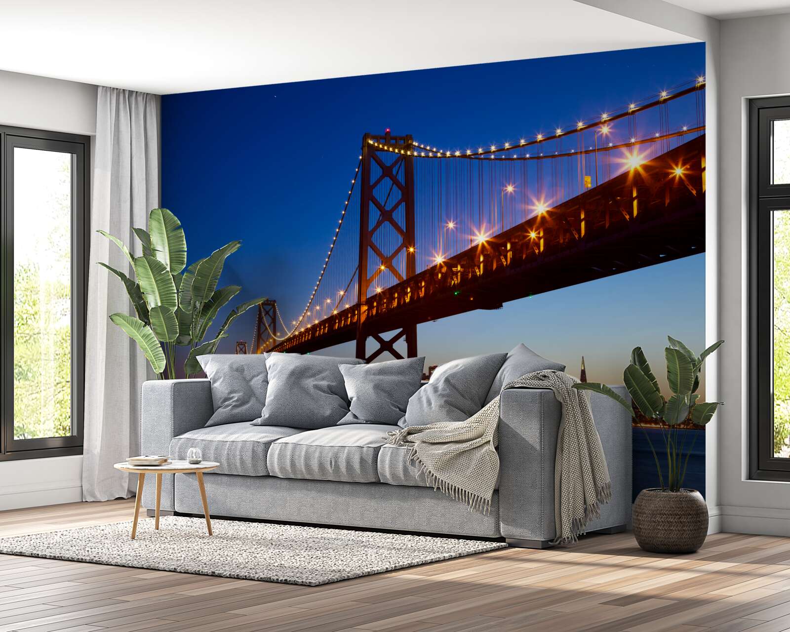 Фотошпалери освітлений міст на тлі міського пейзажу