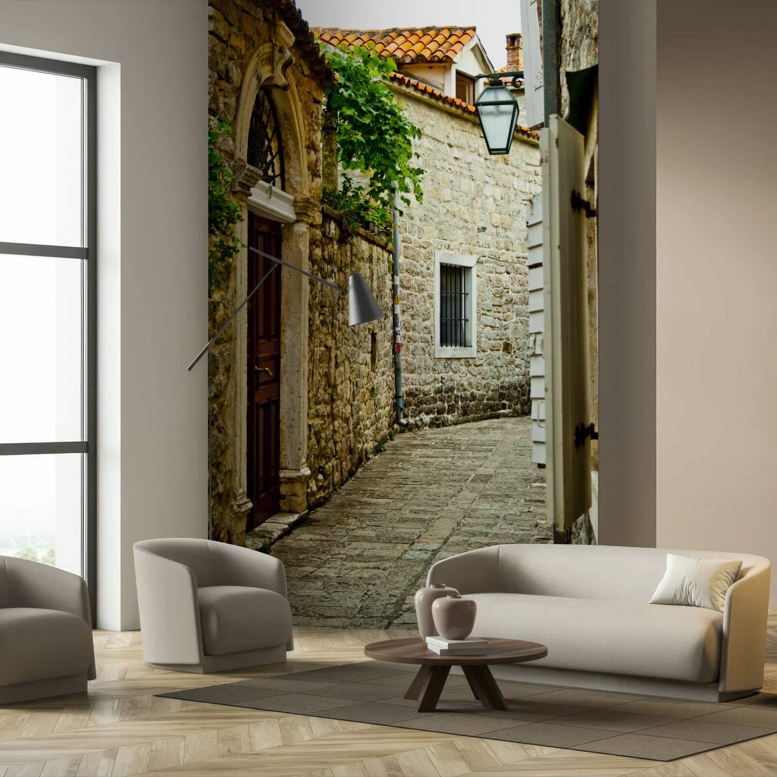 Фотошпалери стара вулиця, вимощена каменем влітку