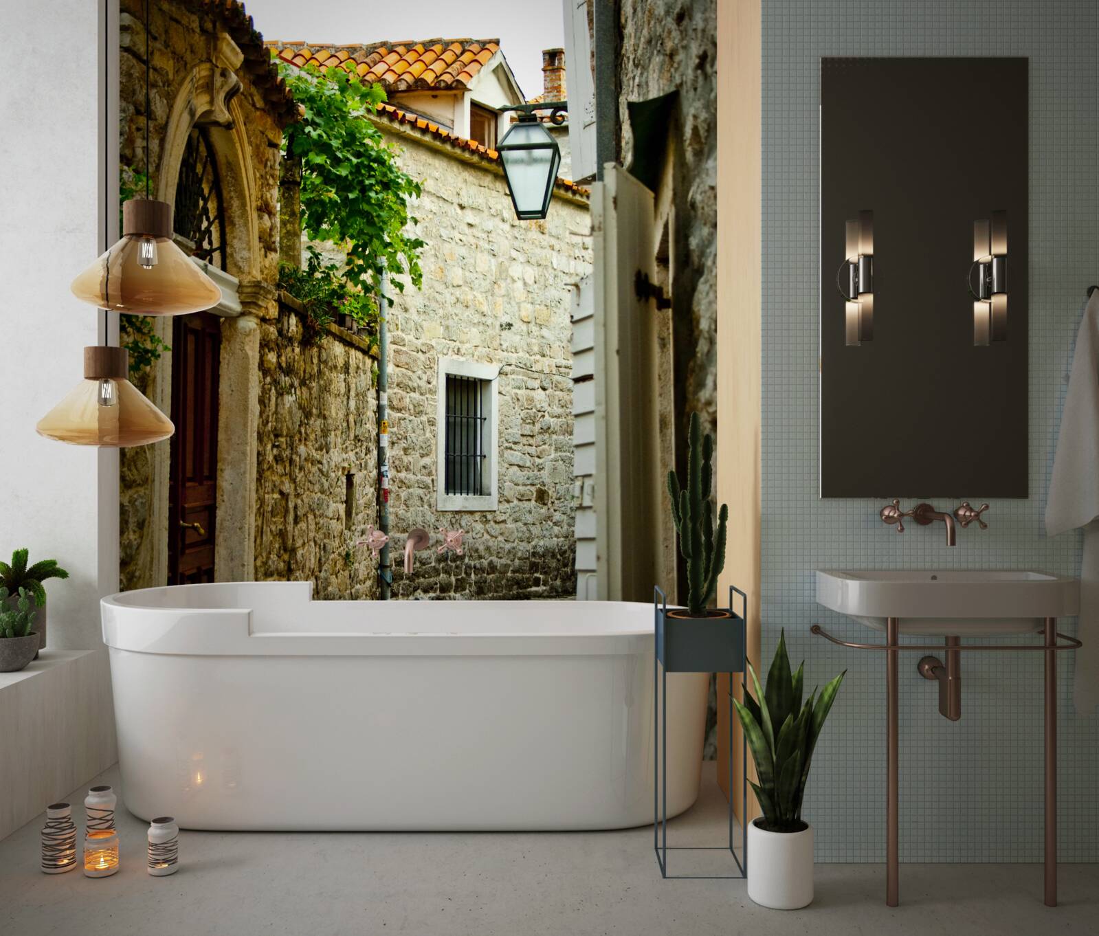 Фотошпалери стара вулиця, вимощена каменем влітку