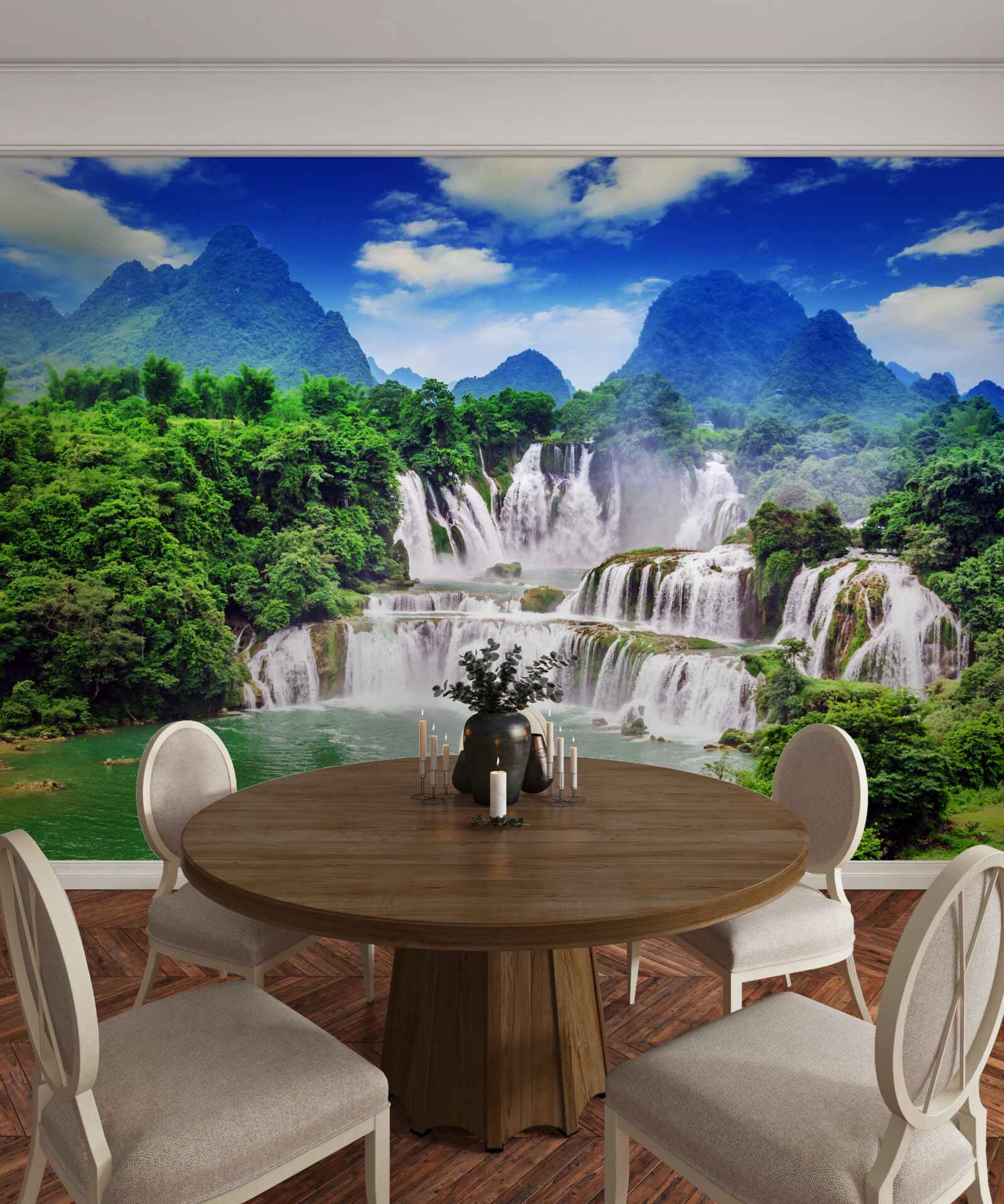 Фотошпалери чудовий каскадний водоспад у літній полудень