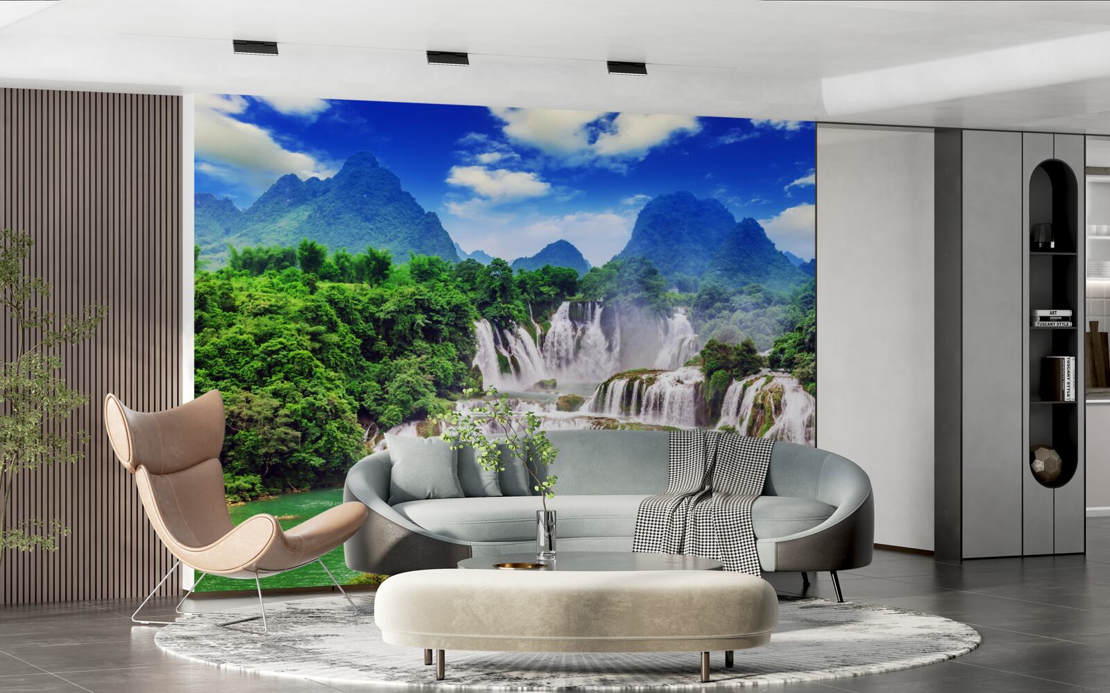 Фотошпалери чудовий каскадний водоспад у літній полудень