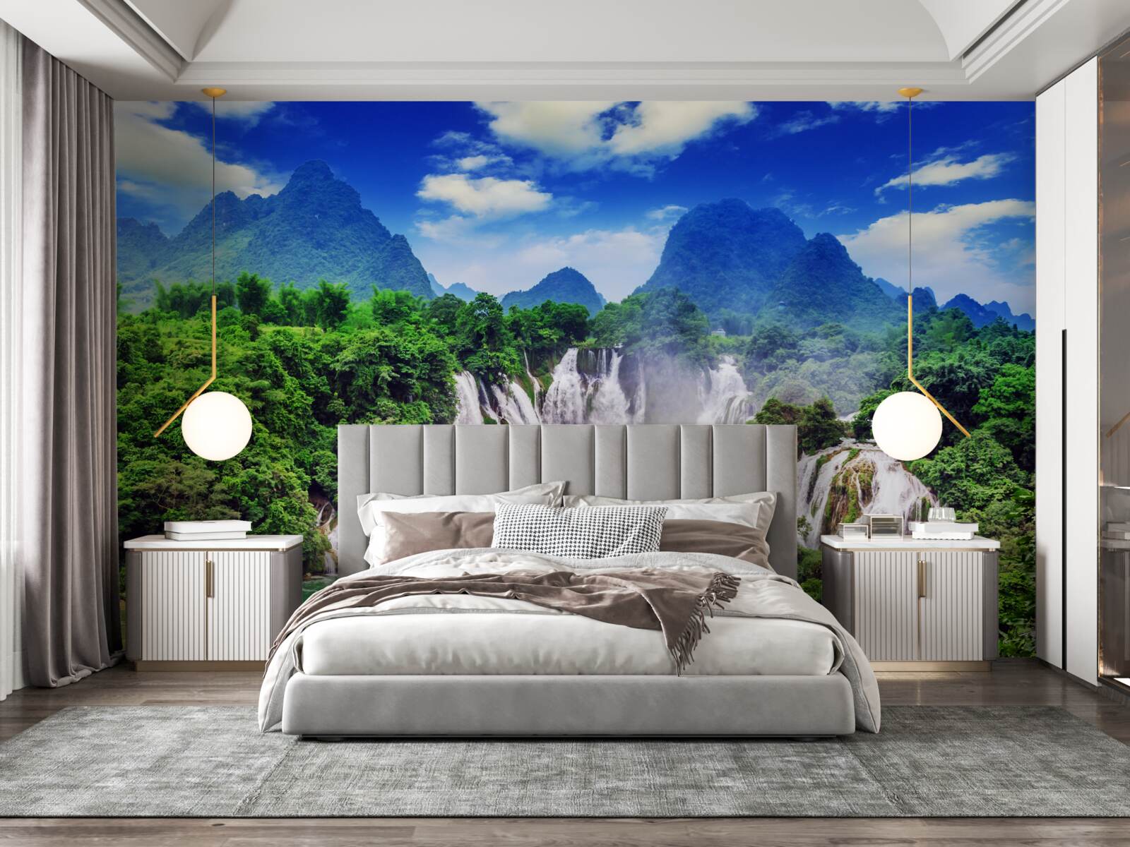 Фотошпалери чудовий каскадний водоспад у літній полудень