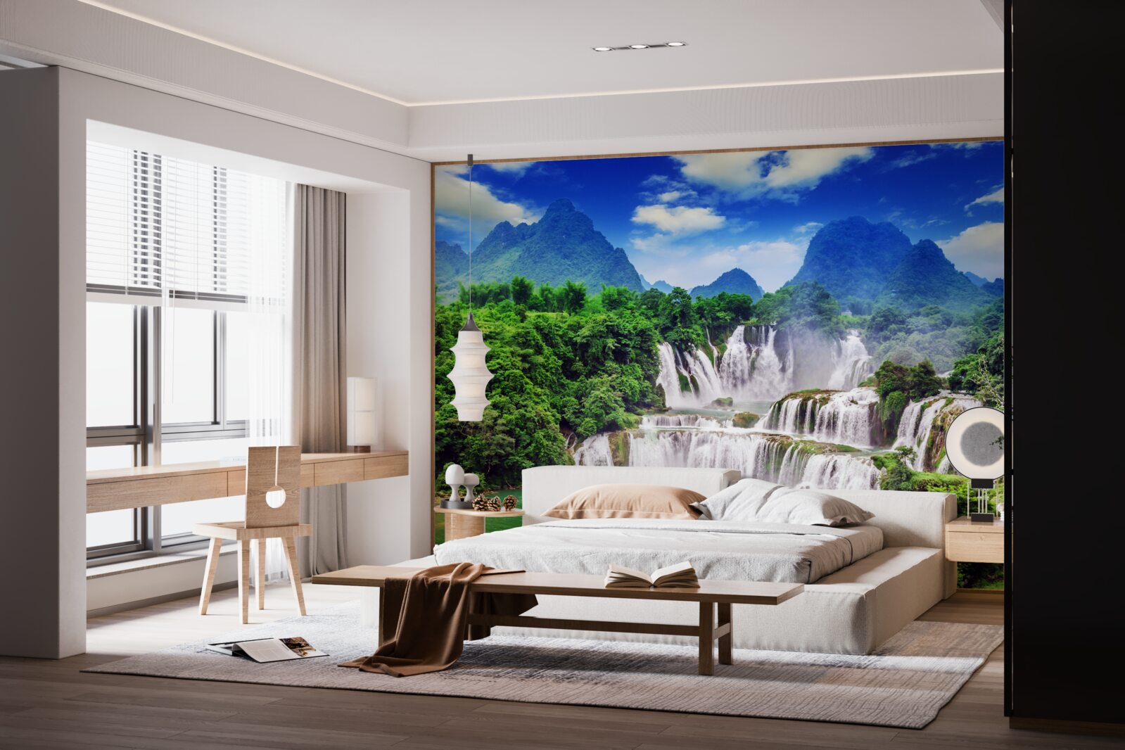 Фотошпалери чудовий каскадний водоспад у літній полудень