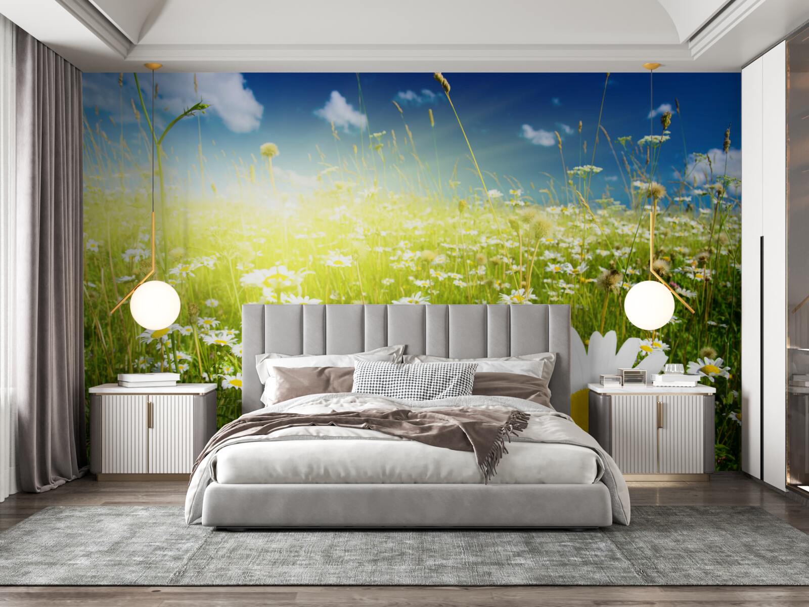 Фотошпалери луг, вкритий ромашками на світанку