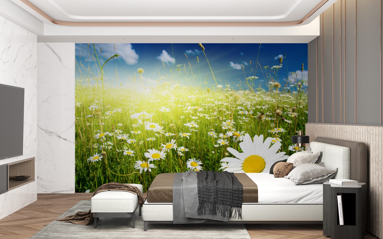 Фотошпалери луг, вкритий ромашками на світанку