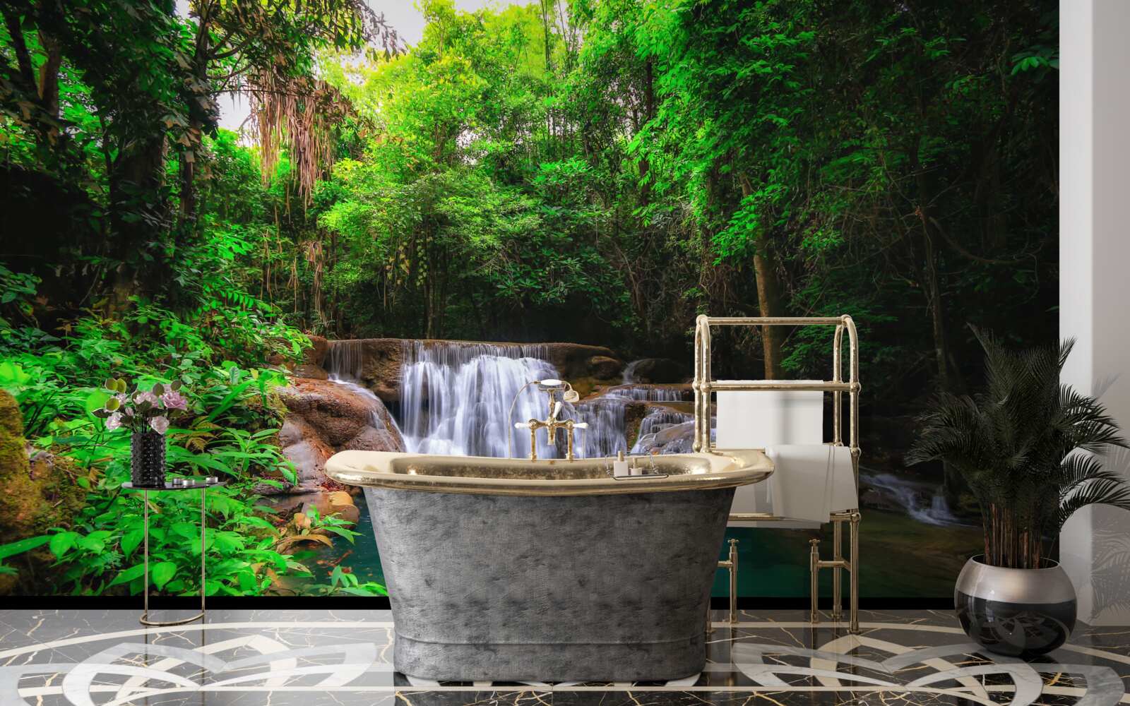 Фотошпалери прихований водоспад у глибині зеленого лісу