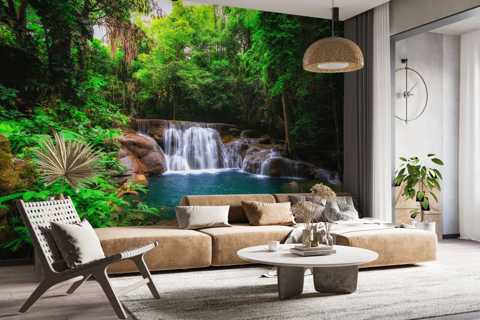 Фотошпалери прихований водоспад у глибині зеленого лісу