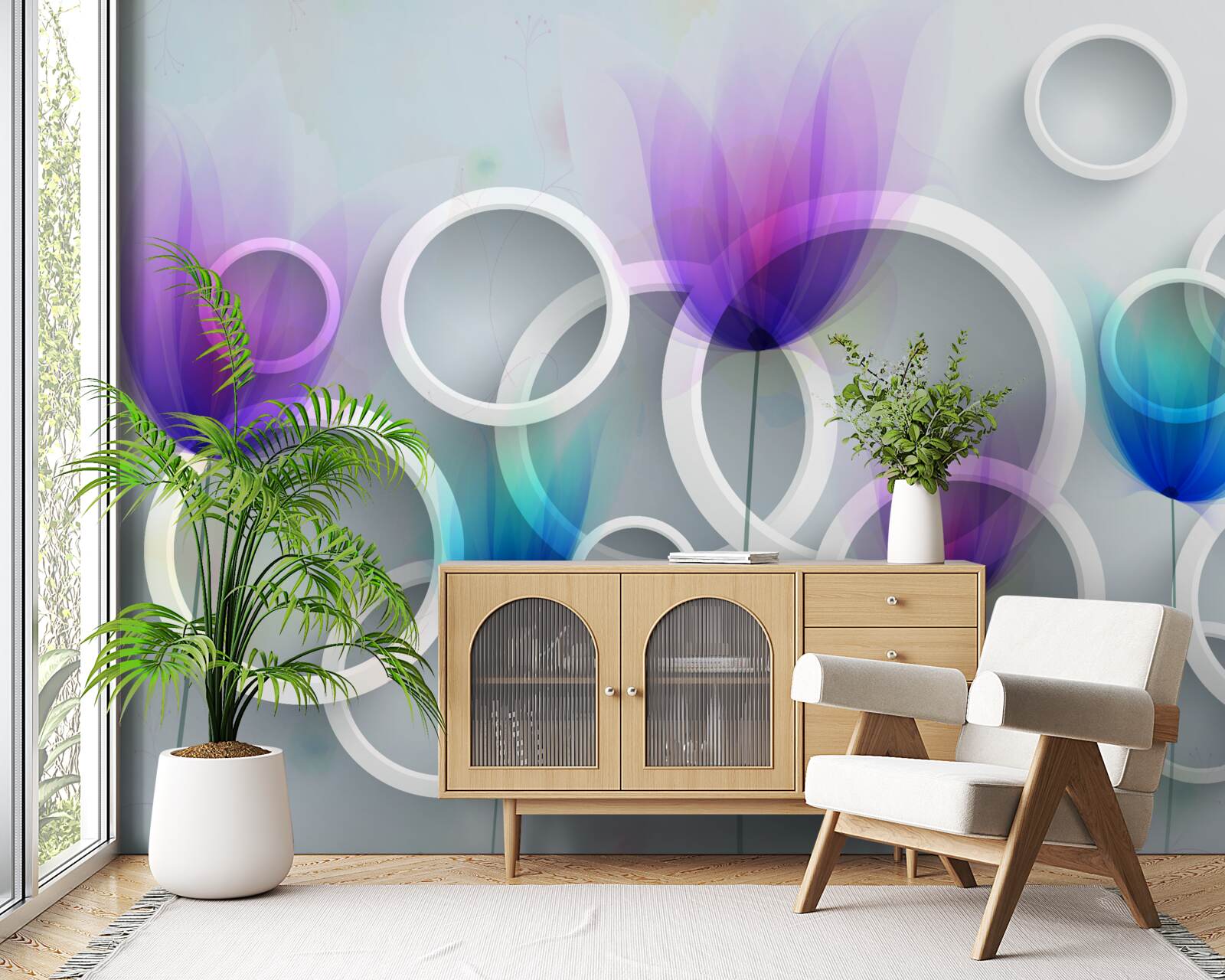 Фотошпалери Квіти маку та абстрактні кола на задньому плані