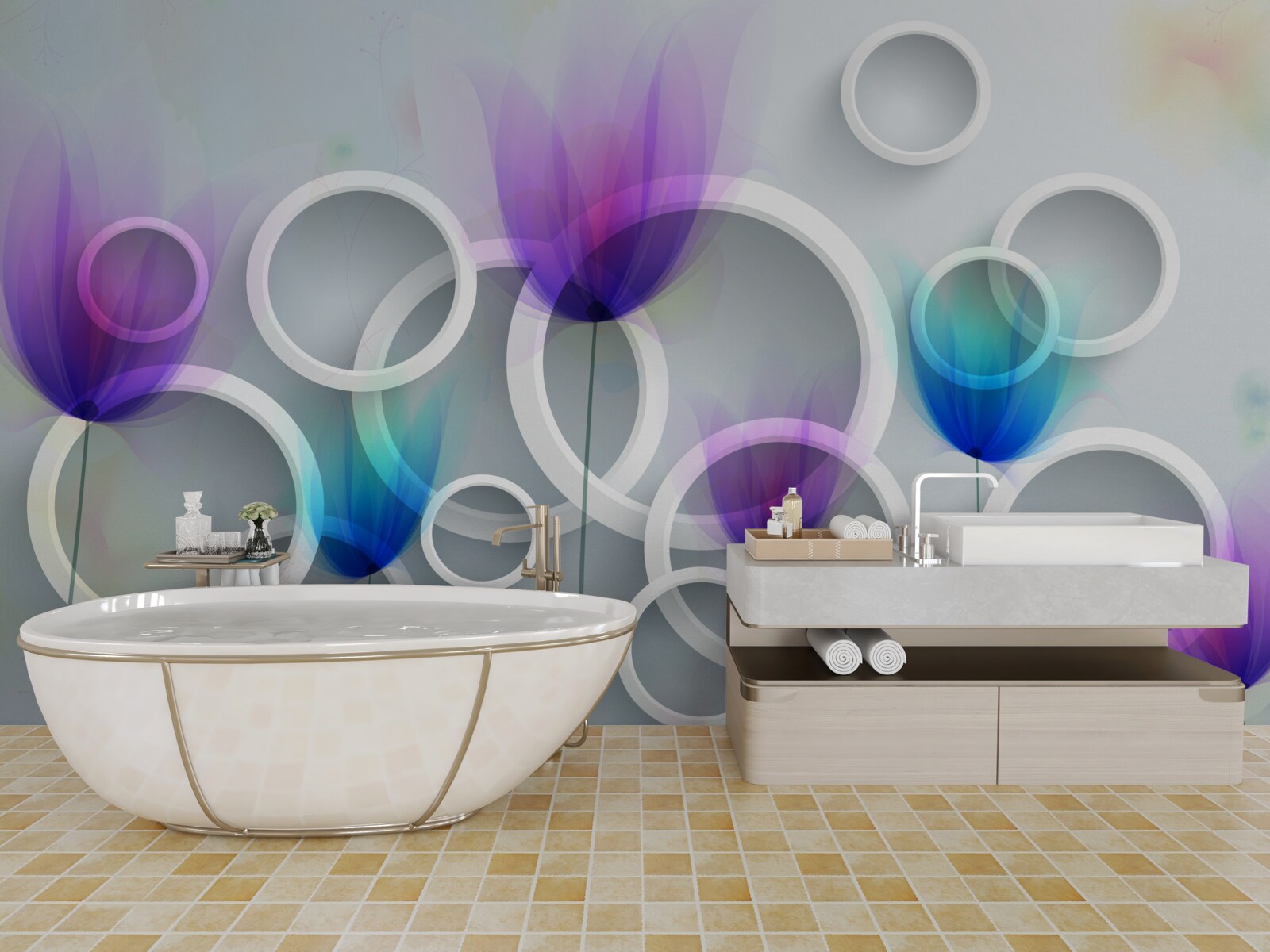 Фотошпалери Квіти маку та абстрактні кола на задньому плані