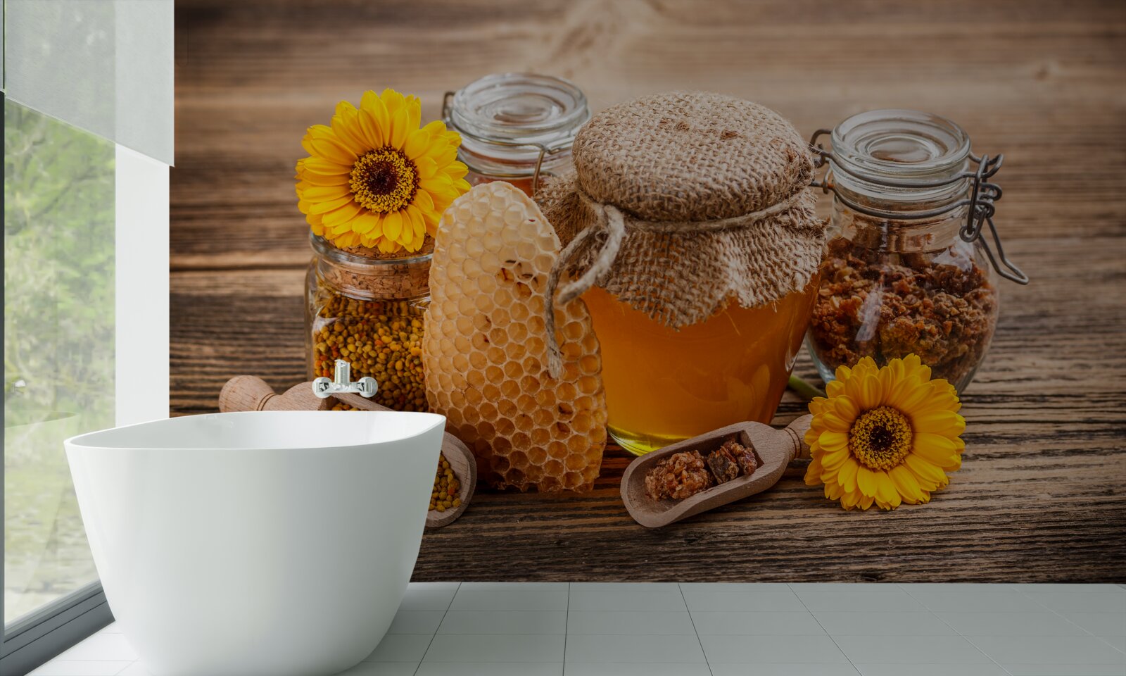 Фотошпалери мед та його інгредієнти на столі