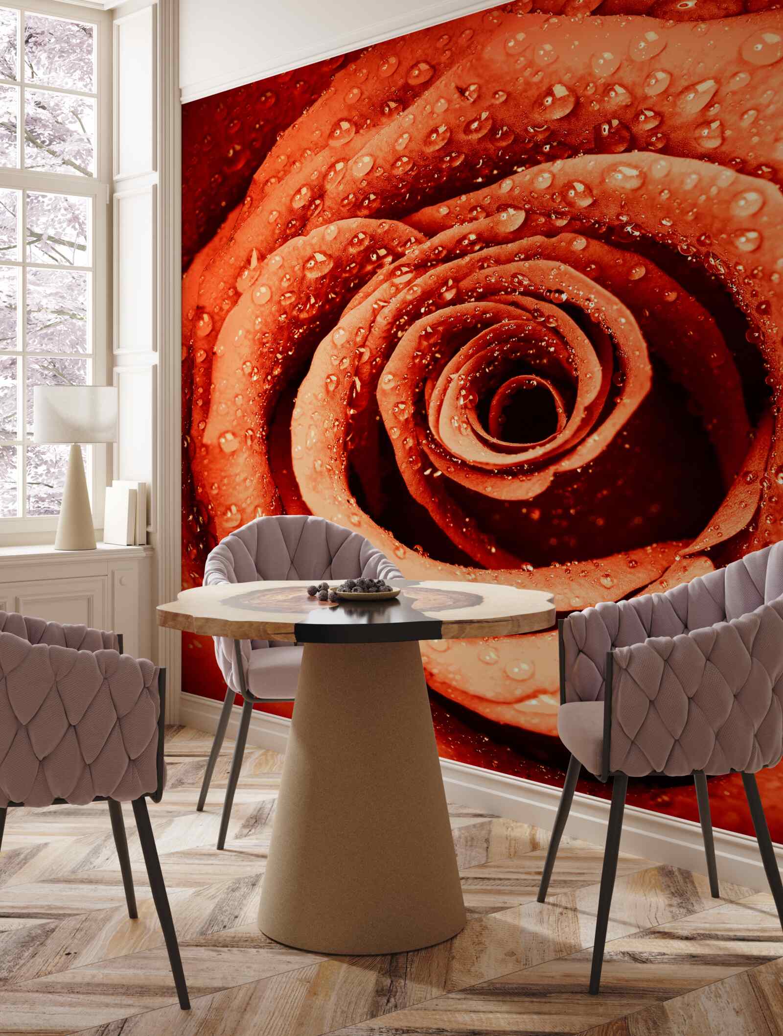 Фотошпалери краплі роси на пелюстці червоної троянди