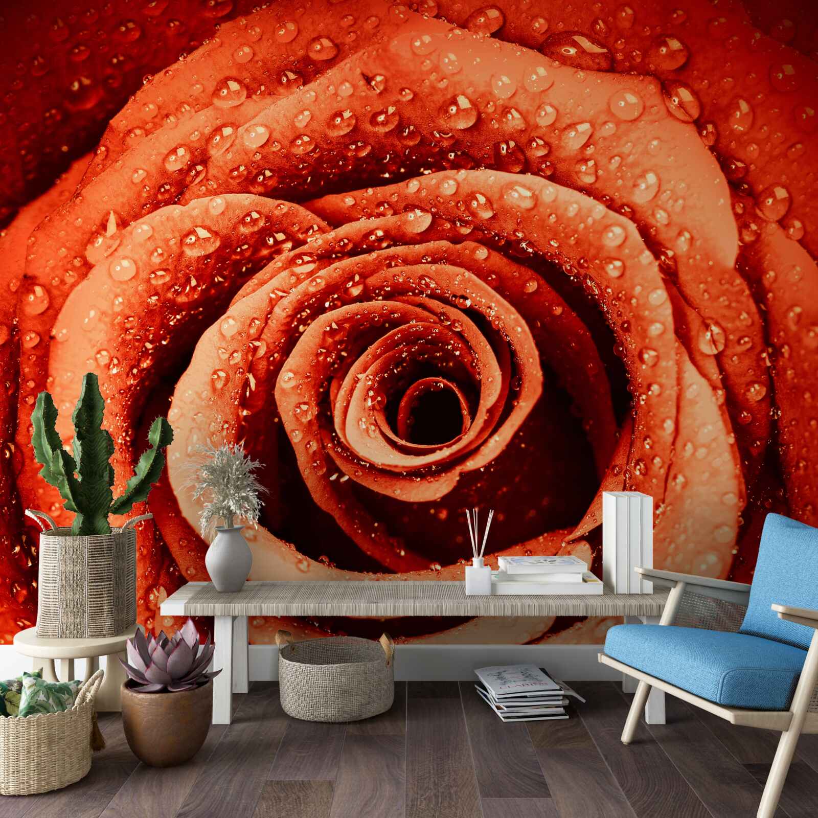 Фотошпалери краплі роси на пелюстці червоної троянди