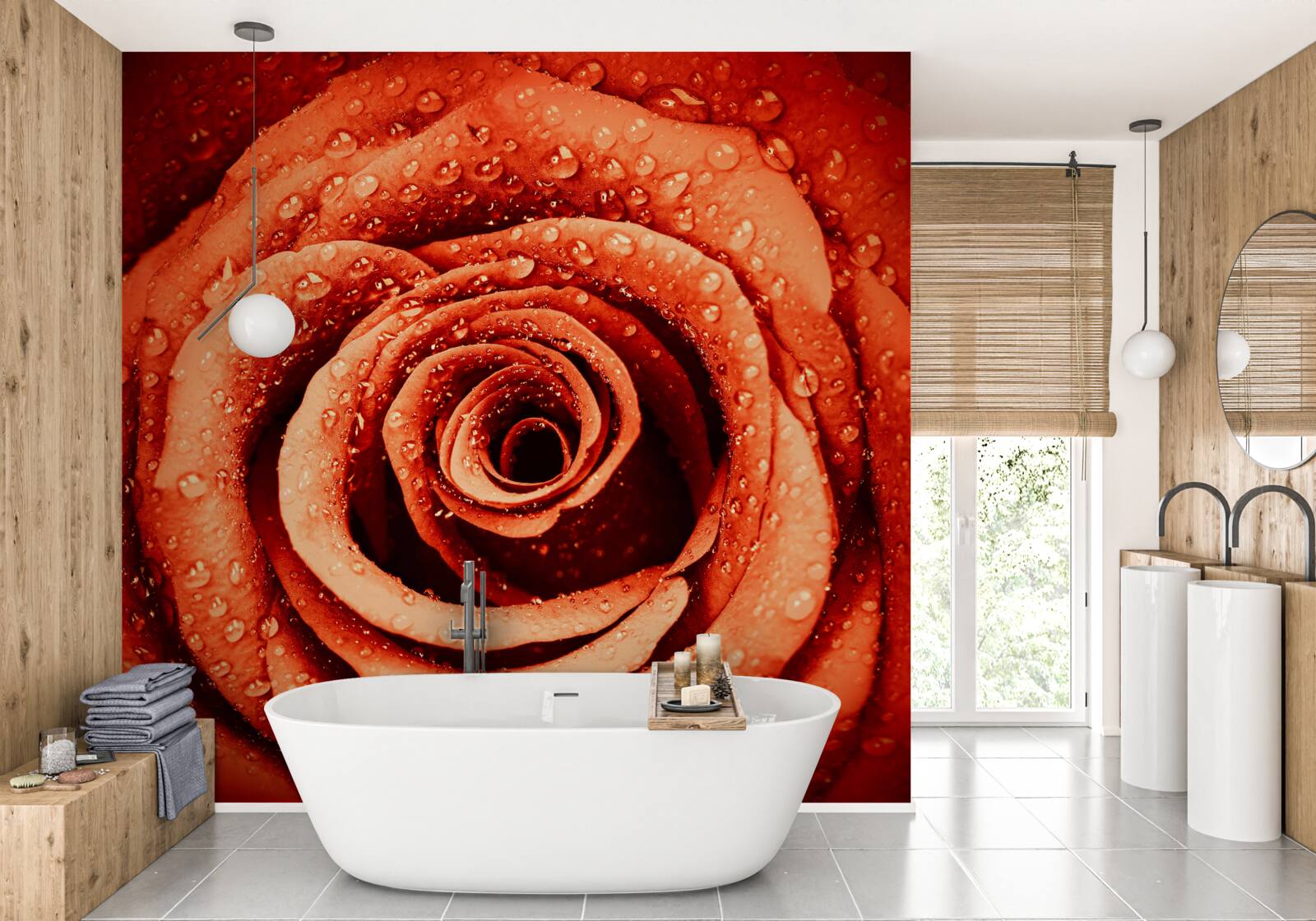 Фотошпалери краплі роси на пелюстці червоної троянди