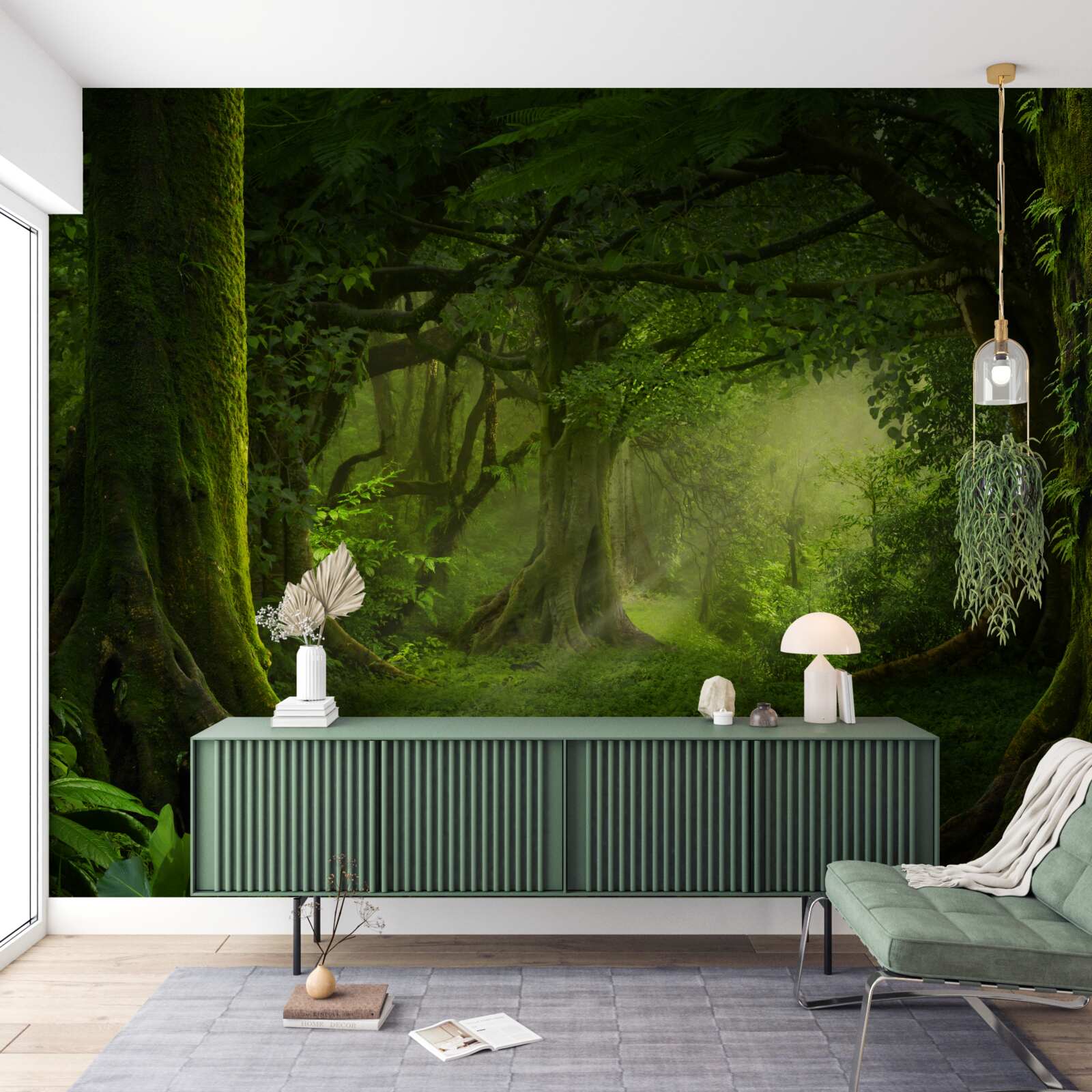 Фотошпалери сонячні промені проникають крізь густі дерева лісу