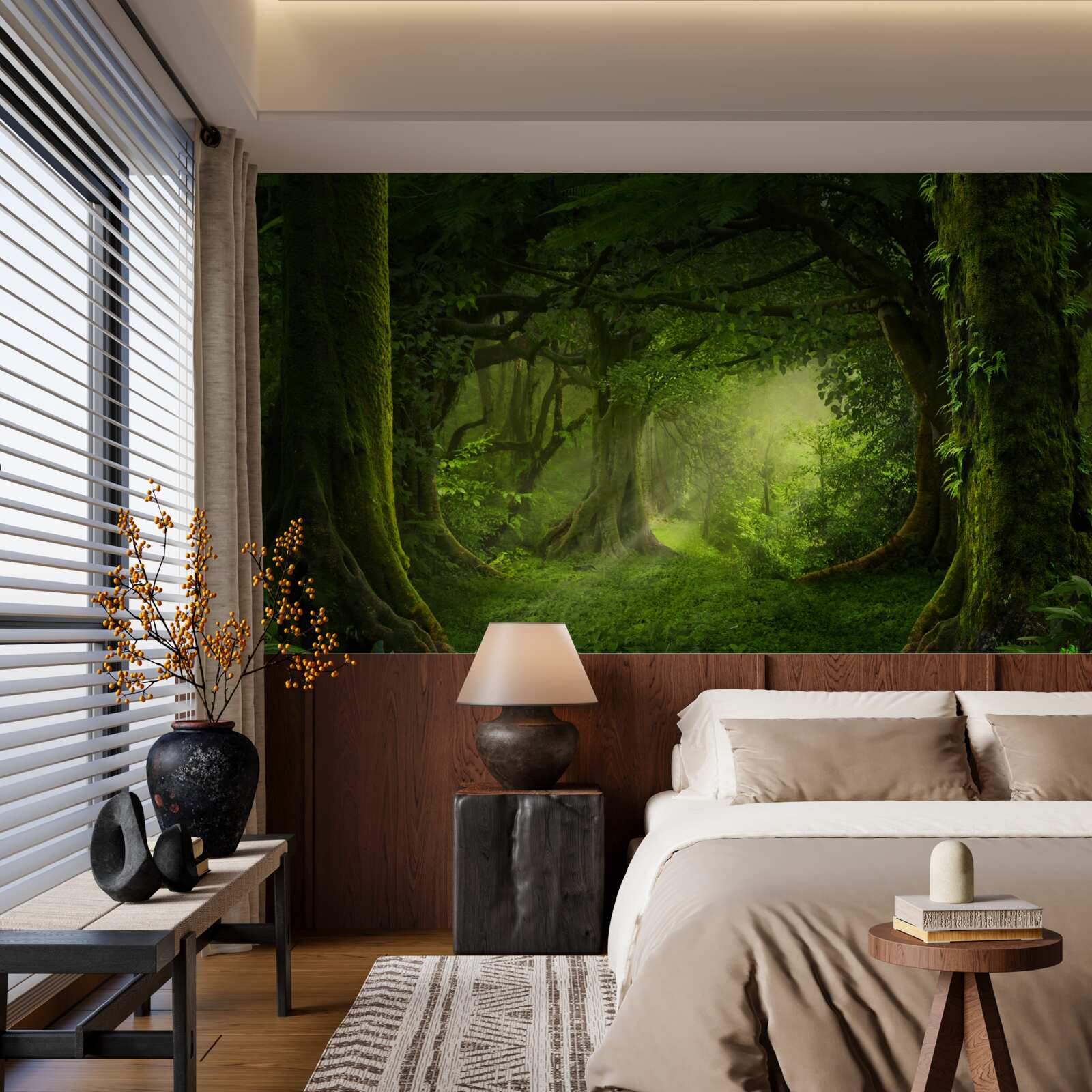 Фотошпалери сонячні промені проникають крізь густі дерева лісу