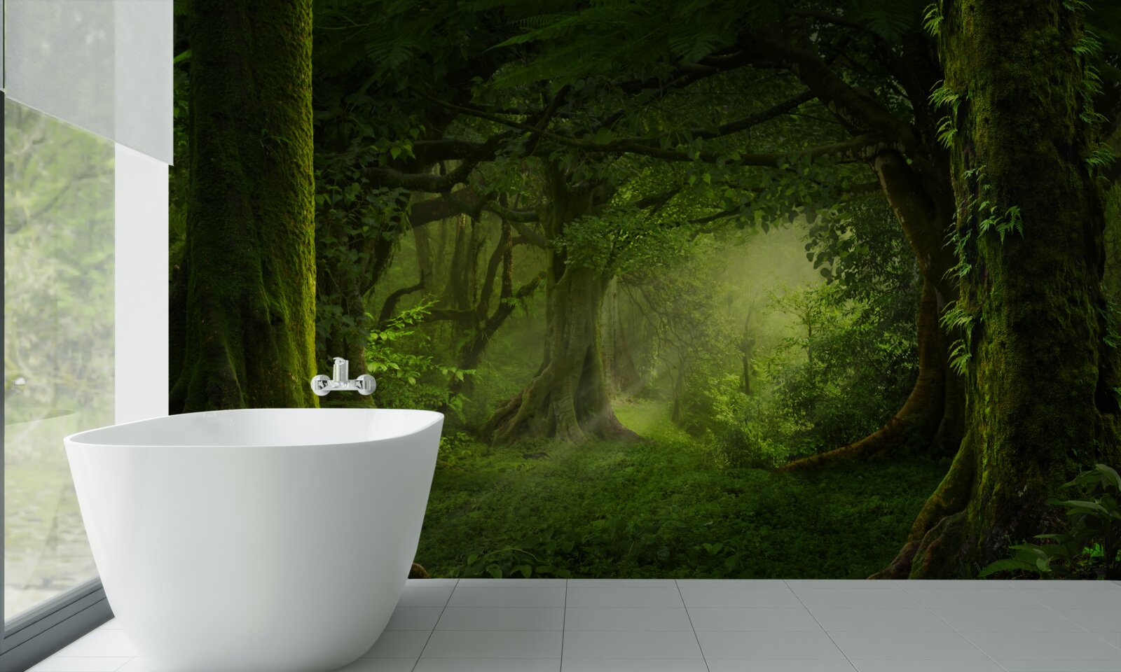 Фотошпалери сонячні промені проникають крізь густі дерева лісу