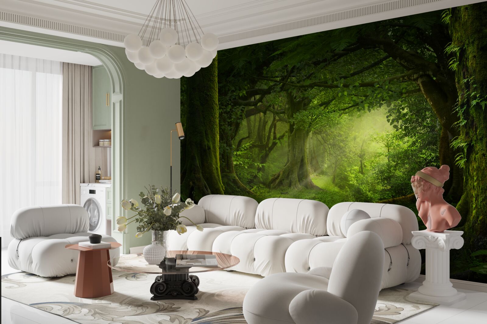 Фотошпалери сонячні промені проникають крізь густі дерева лісу