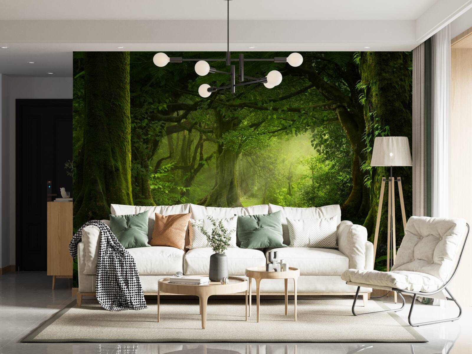 Фотошпалери сонячні промені проникають крізь густі дерева лісу