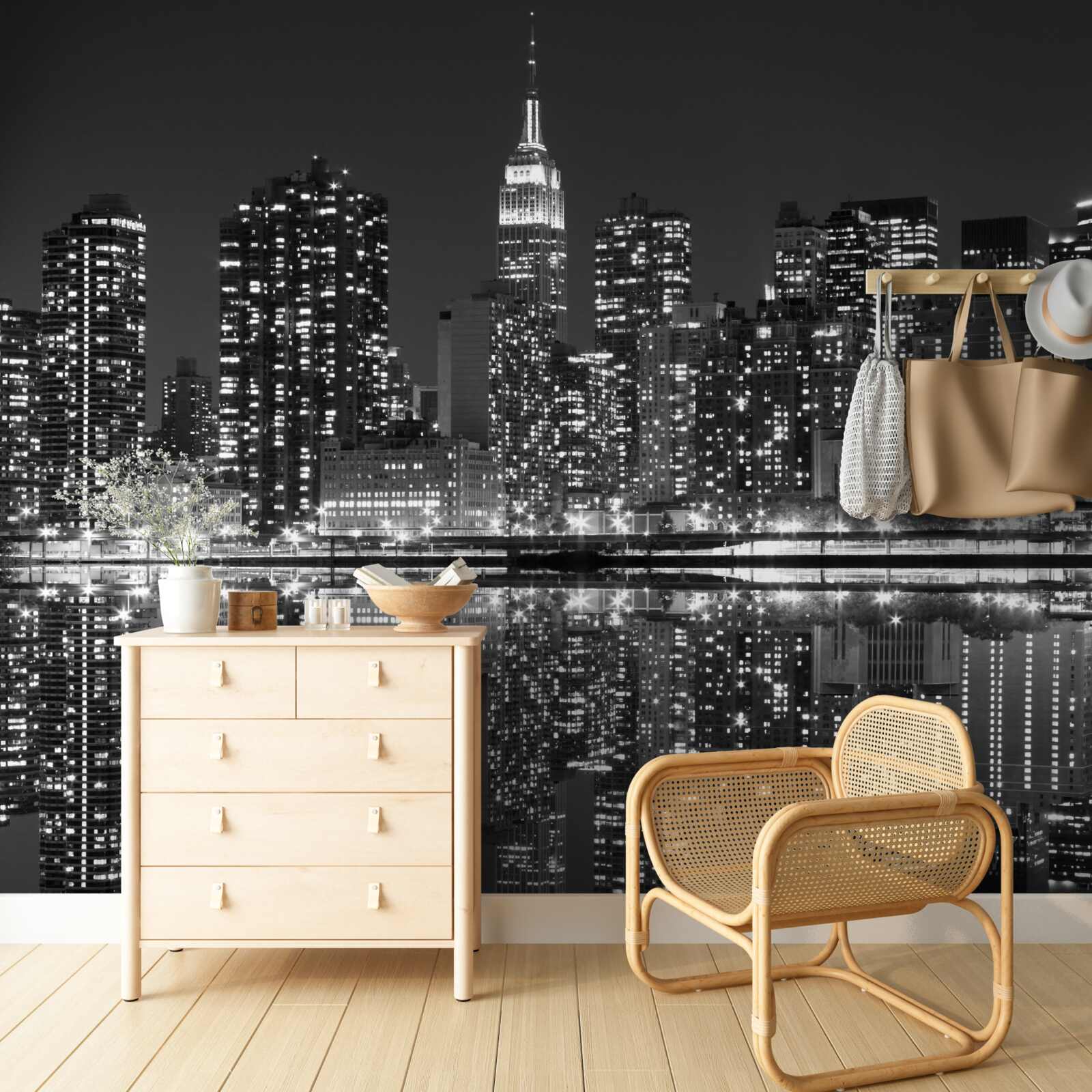 Фотошпалери у відблисках води видно міський горизонт