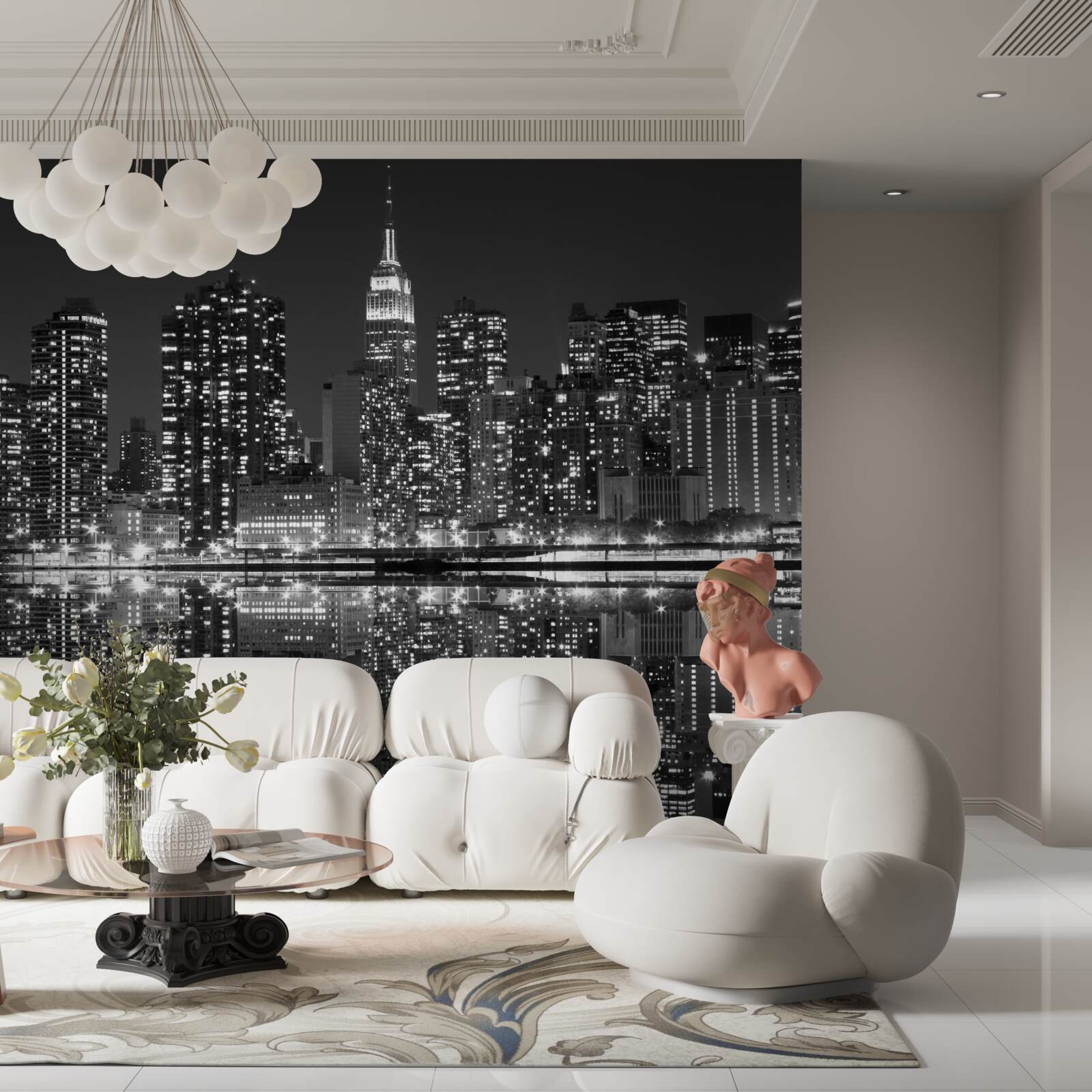 Фотошпалери у відблисках води видно міський горизонт