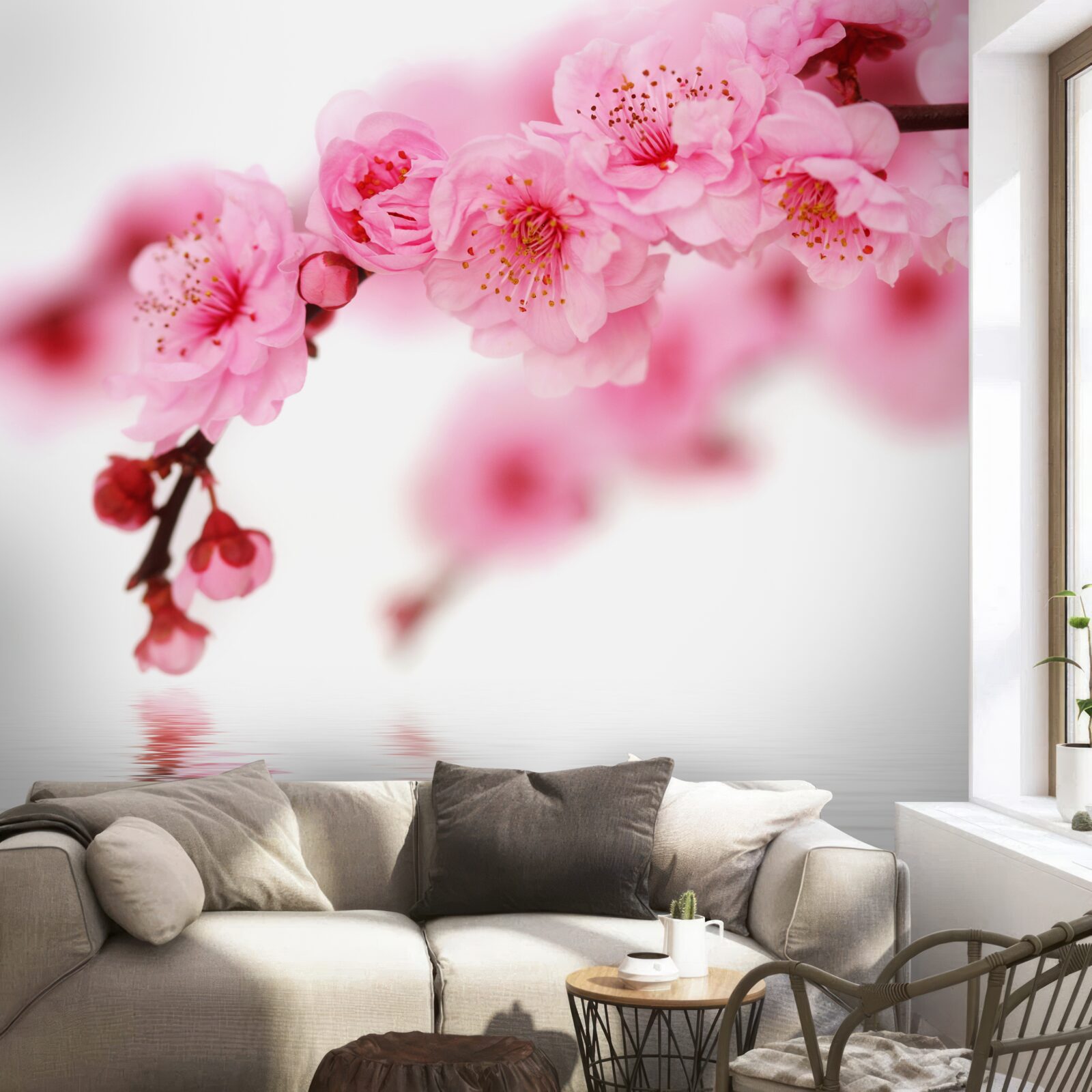 Фотошпалери рожева гілка сакури лежить біля води