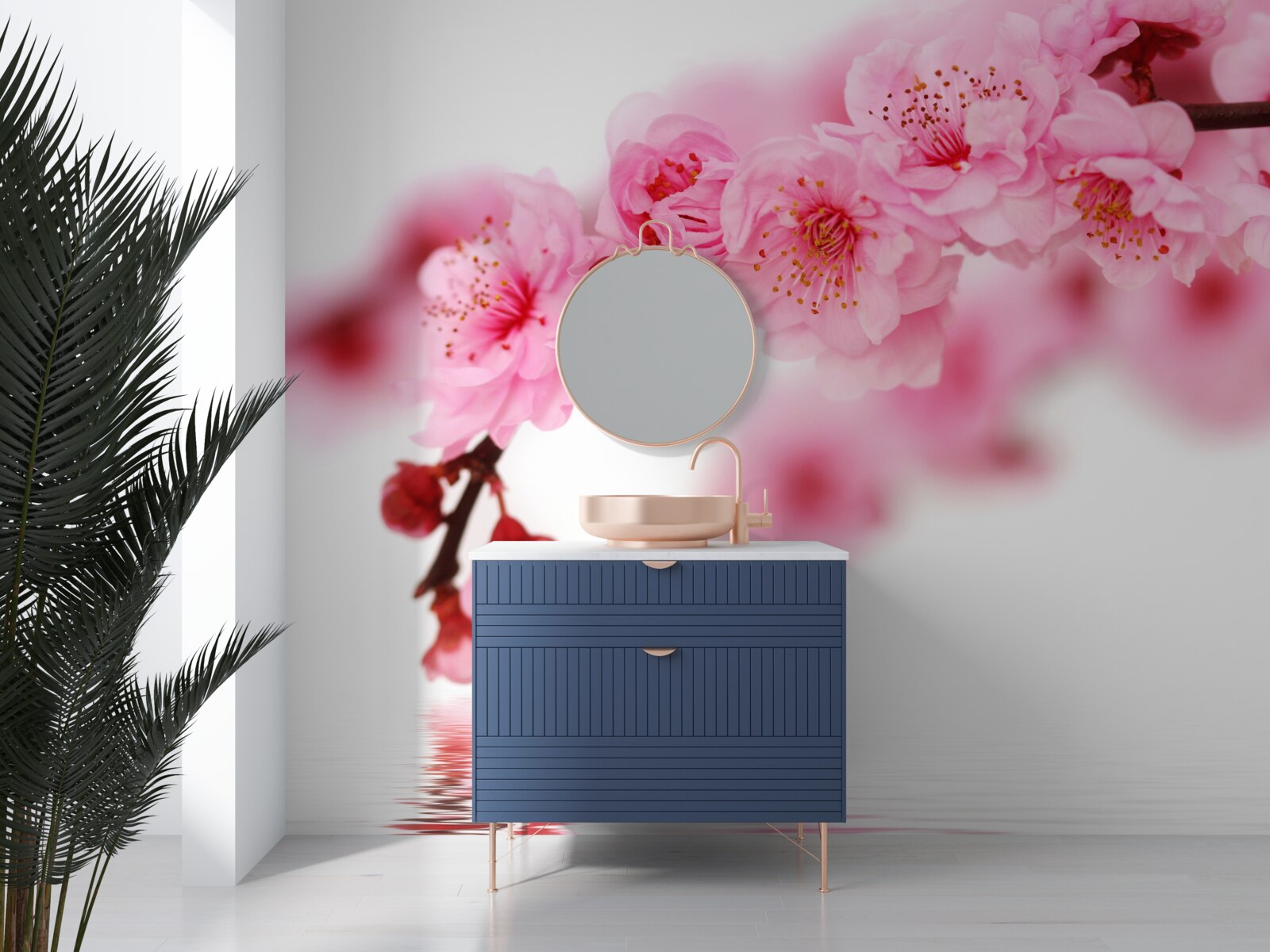 Фотошпалери рожева гілка сакури лежить біля води