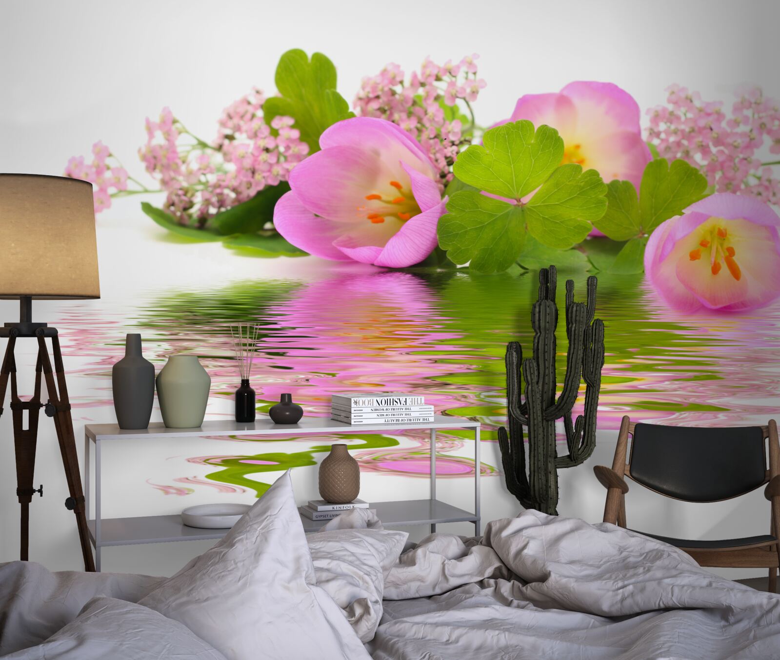 Фотошпалери витончена композиція з рожевих квітів на поверхні води