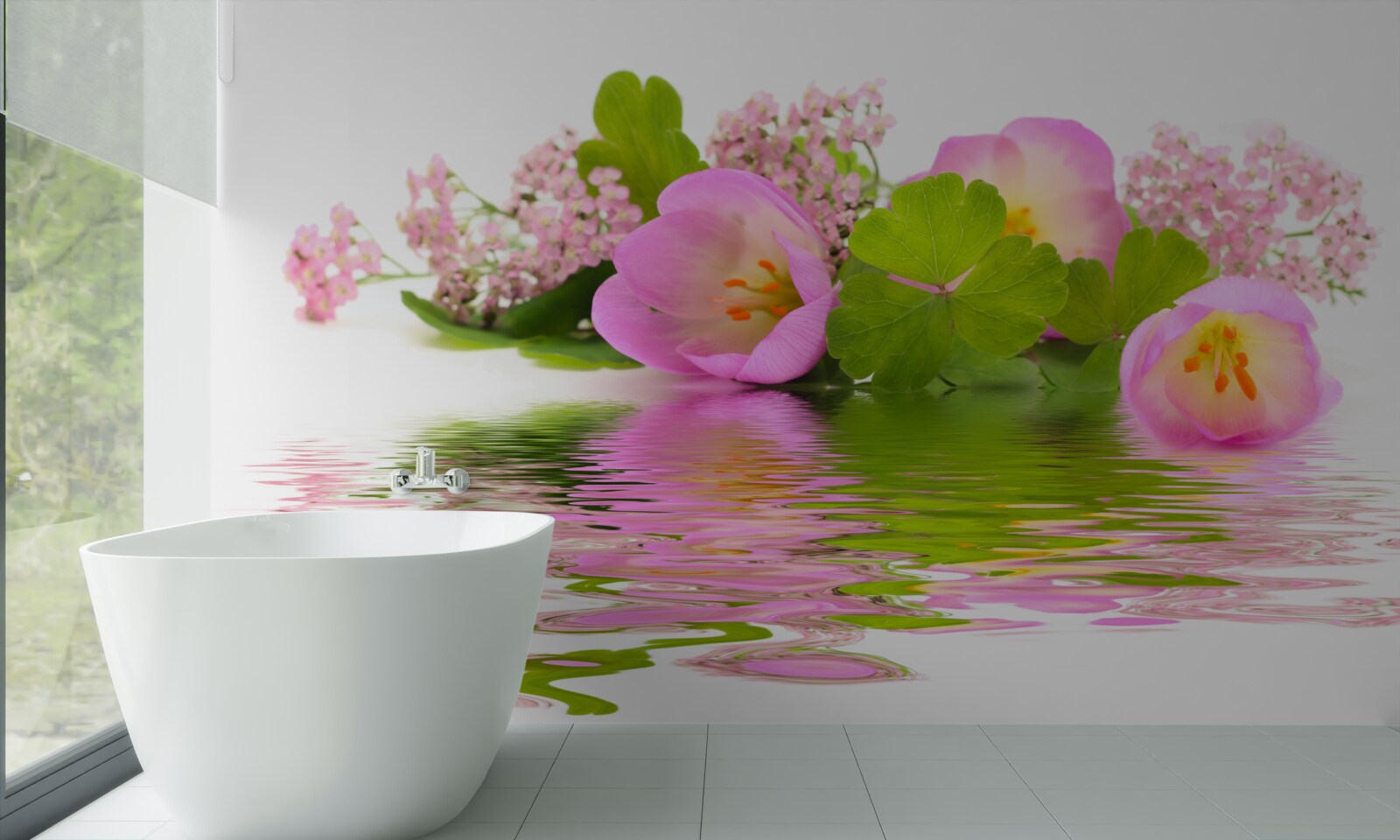 Фотошпалери витончена композиція з рожевих квітів на поверхні води