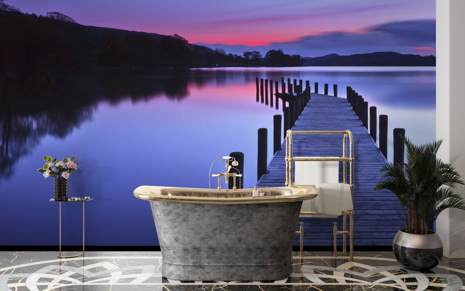 Фотошпалери причал біля озера в горах на світанку