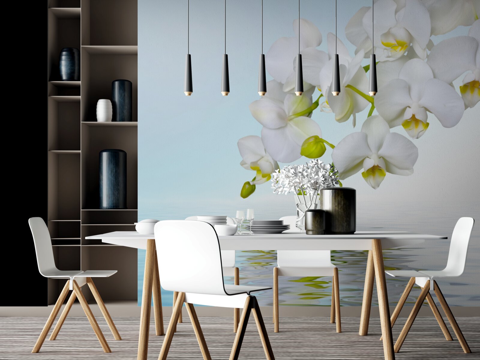 Фотошпалери гілка білої орхідеї біля спокійної води