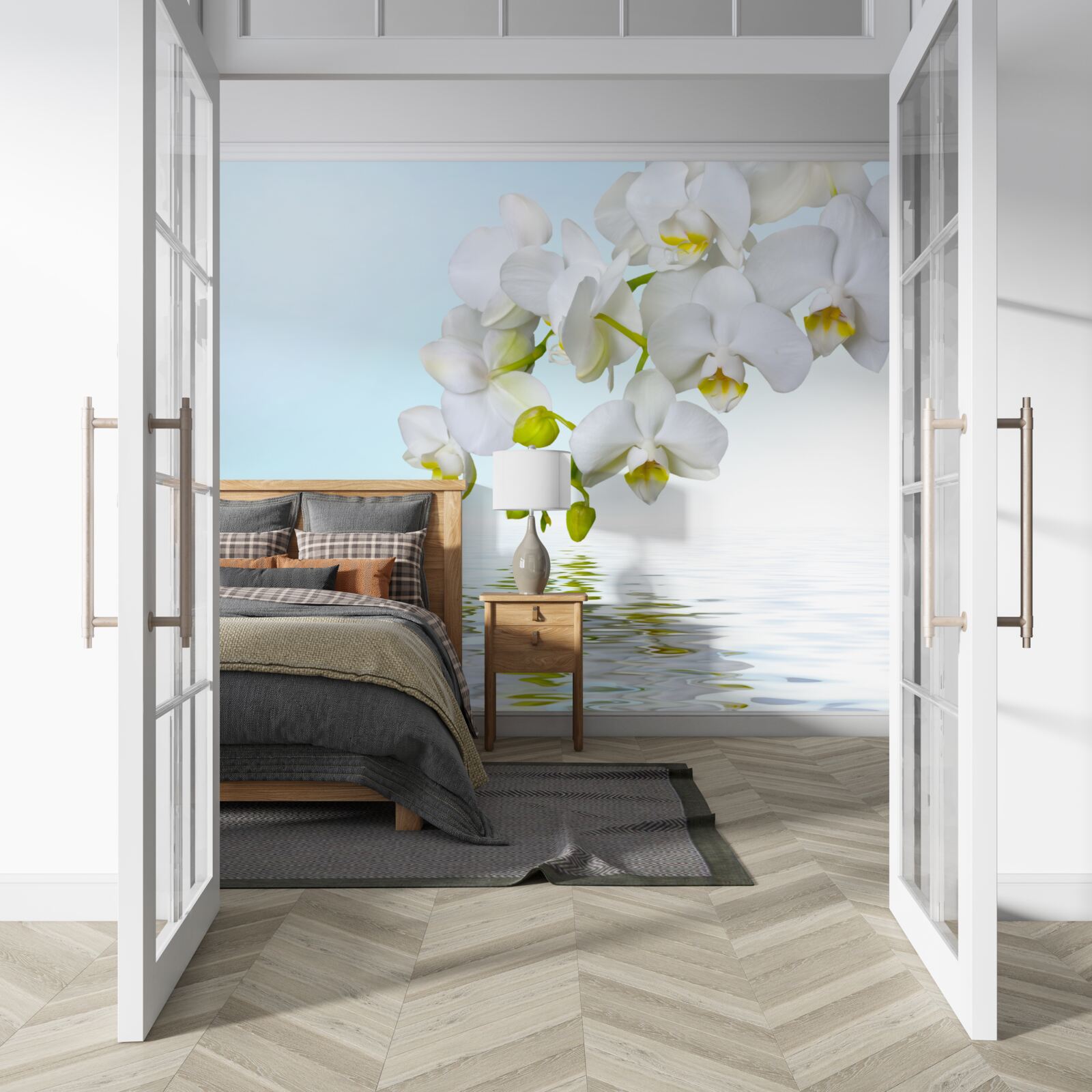 Фотошпалери гілка білої орхідеї біля спокійної води