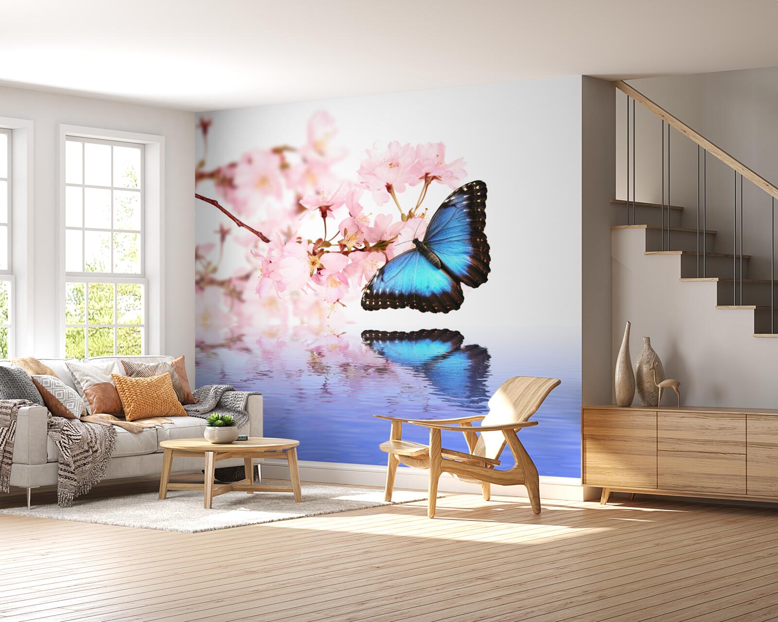 Фотошпалери синій метелик сидить на вишні біля води