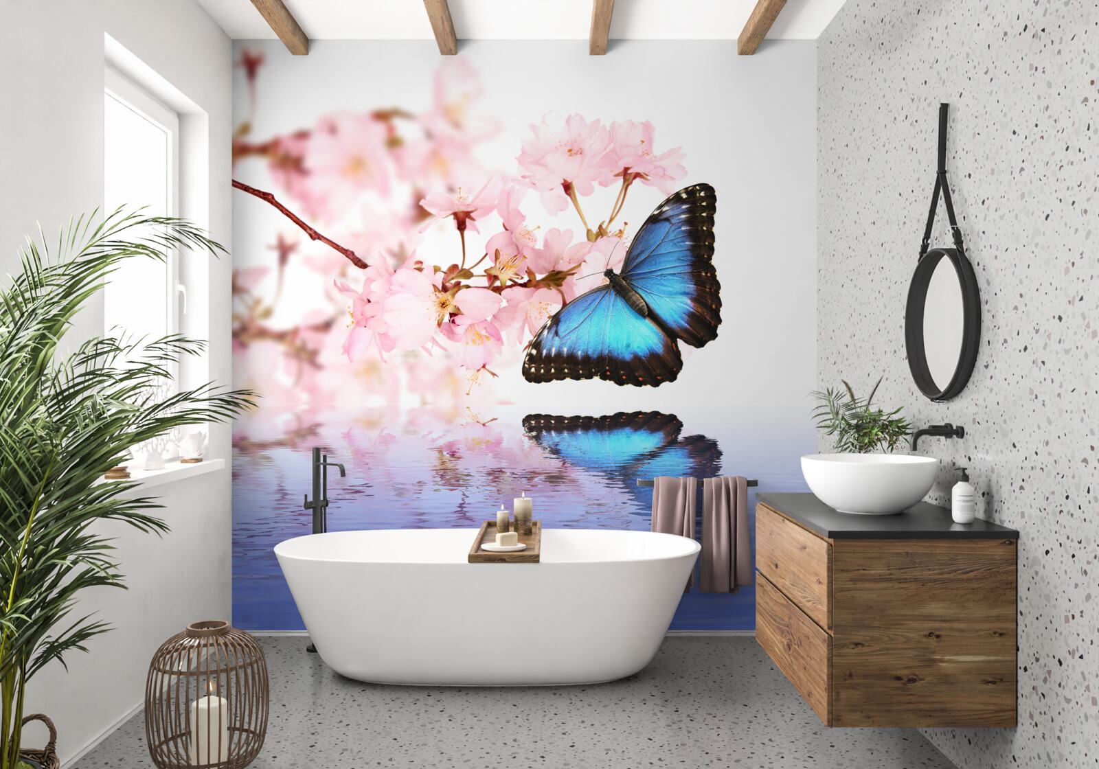 Фотошпалери синій метелик сидить на вишні біля води