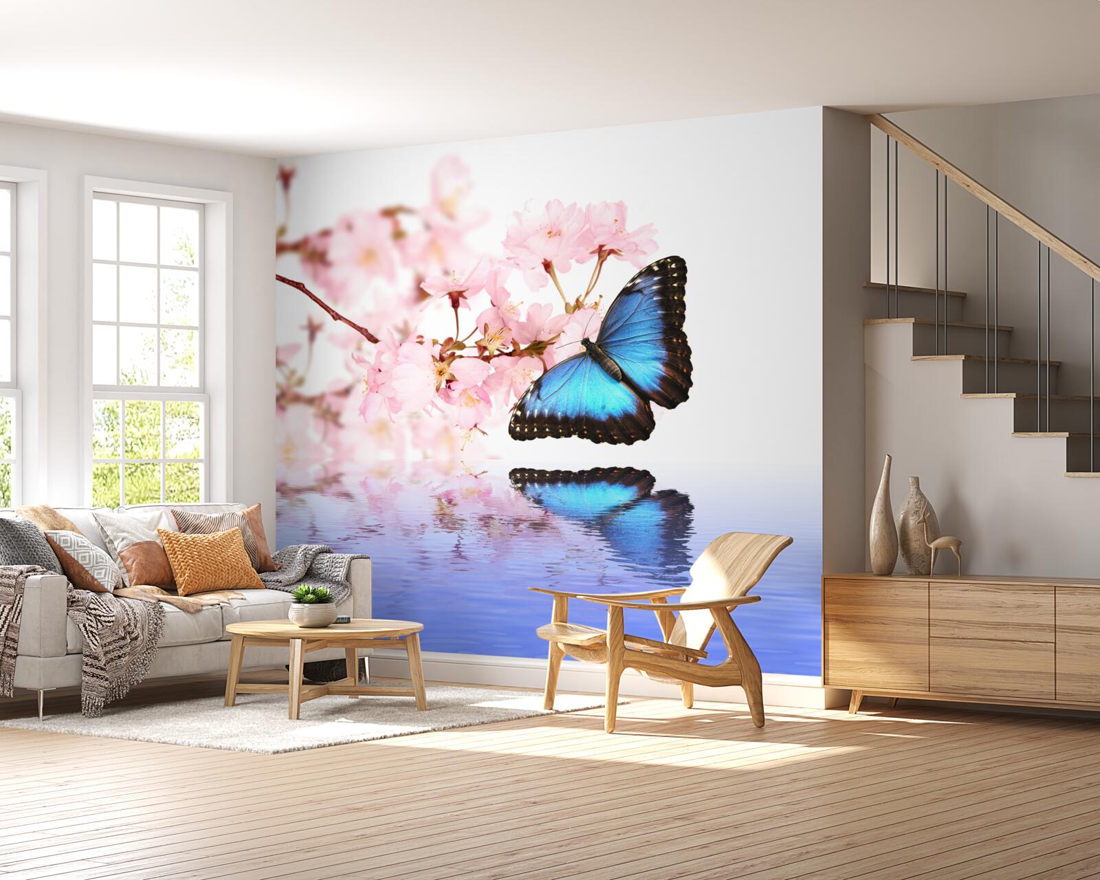 Фотошпалери синій метелик сидить на вишні біля води