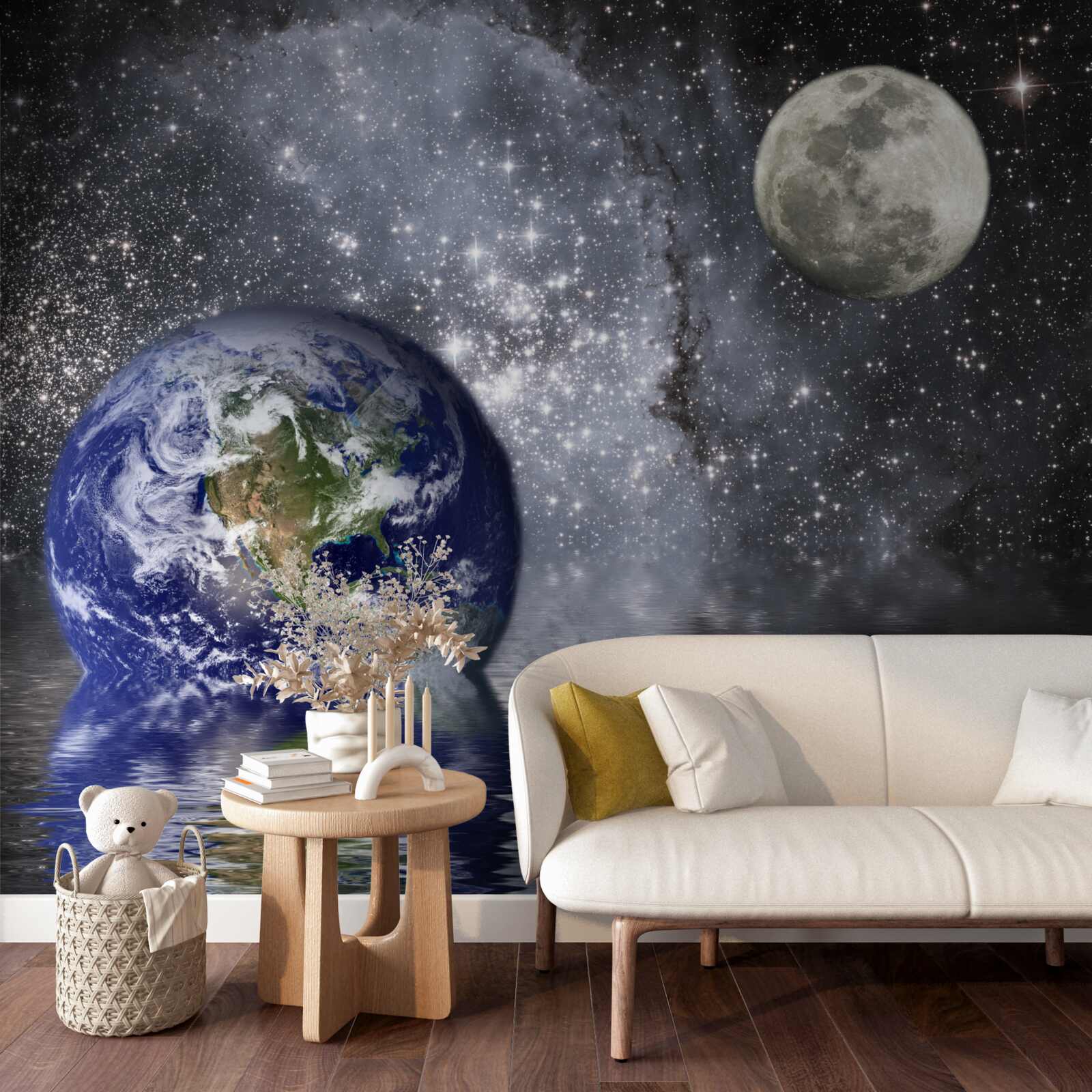 Фотошпалери вода оточує Землю і Місяць у космосі